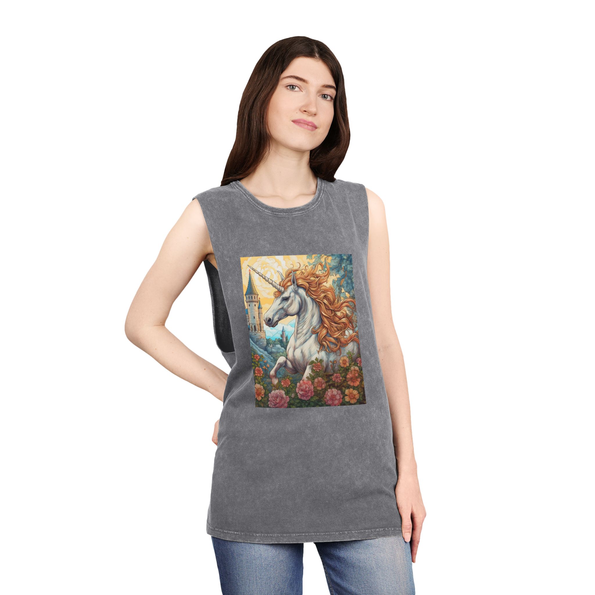 Painting Unicorn With Long Mane Castle Background Generative Ai Unisex Stonewash Tank Top - Image 12