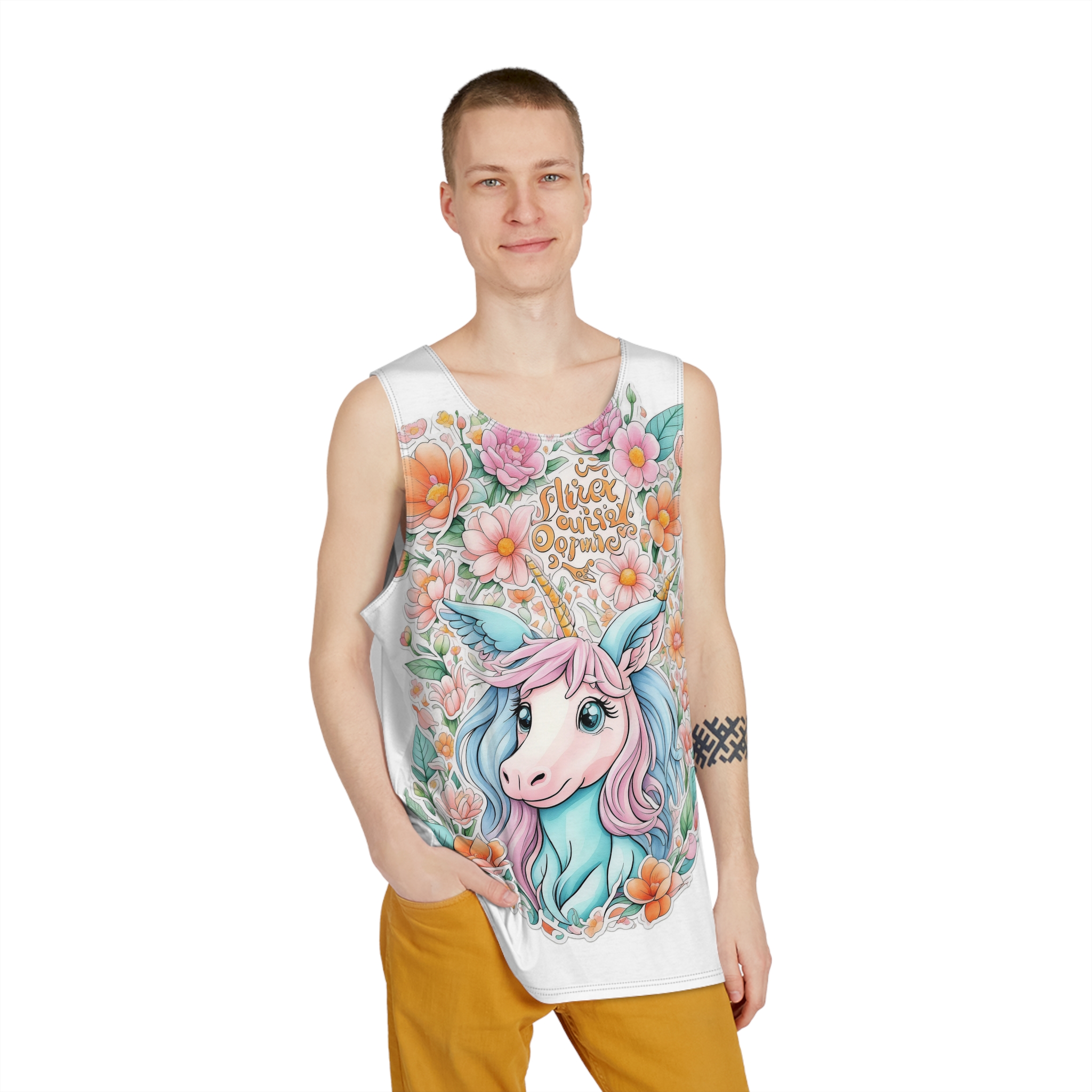 Beautiful Cute Unicorn With Colorful Fantasy Flowers (1) Mens Tank Aop - Image 3