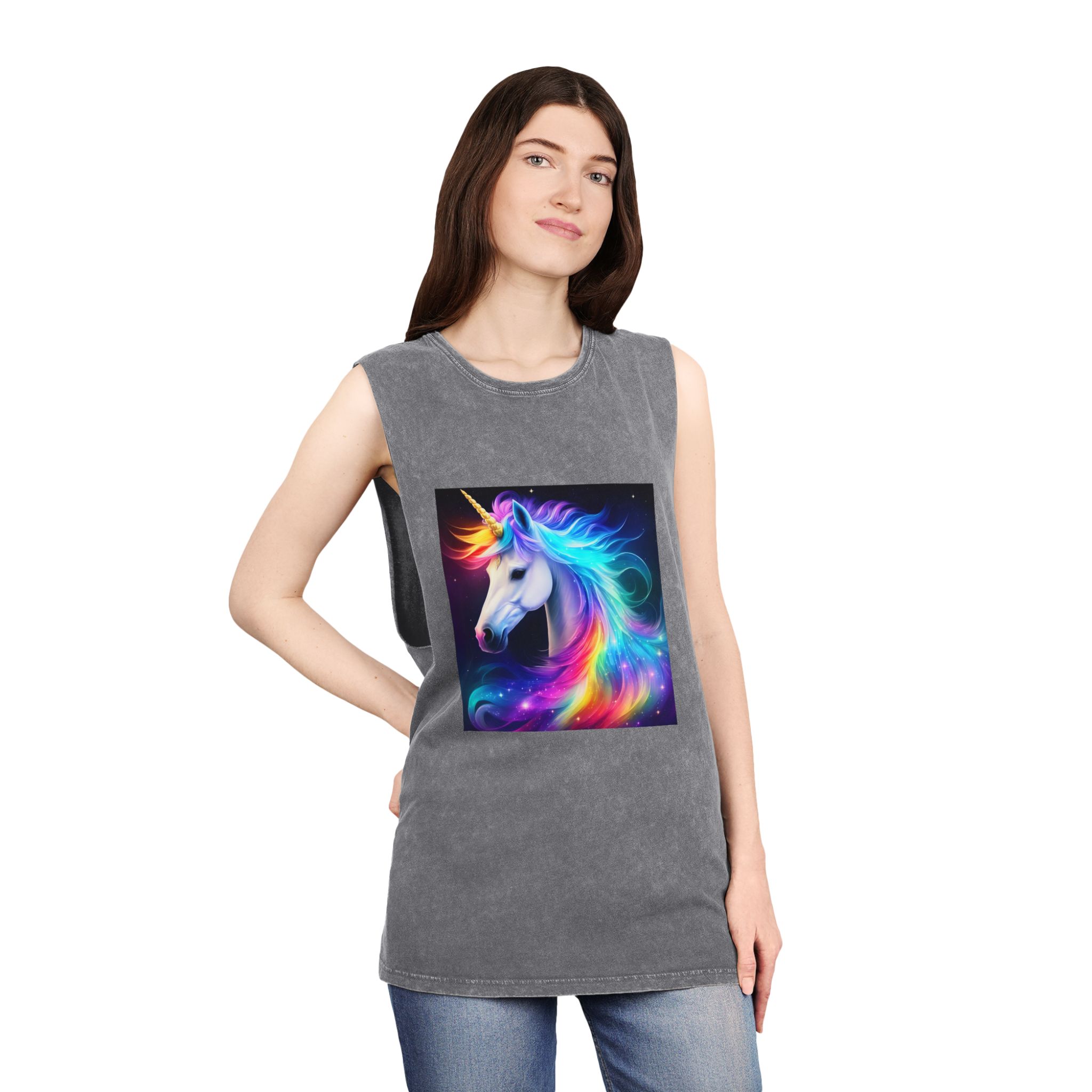 Portrait Unicorn Isolated Stars Background Generative Artificial Intelligence Unisex Stonewash Tank Top - Image 12