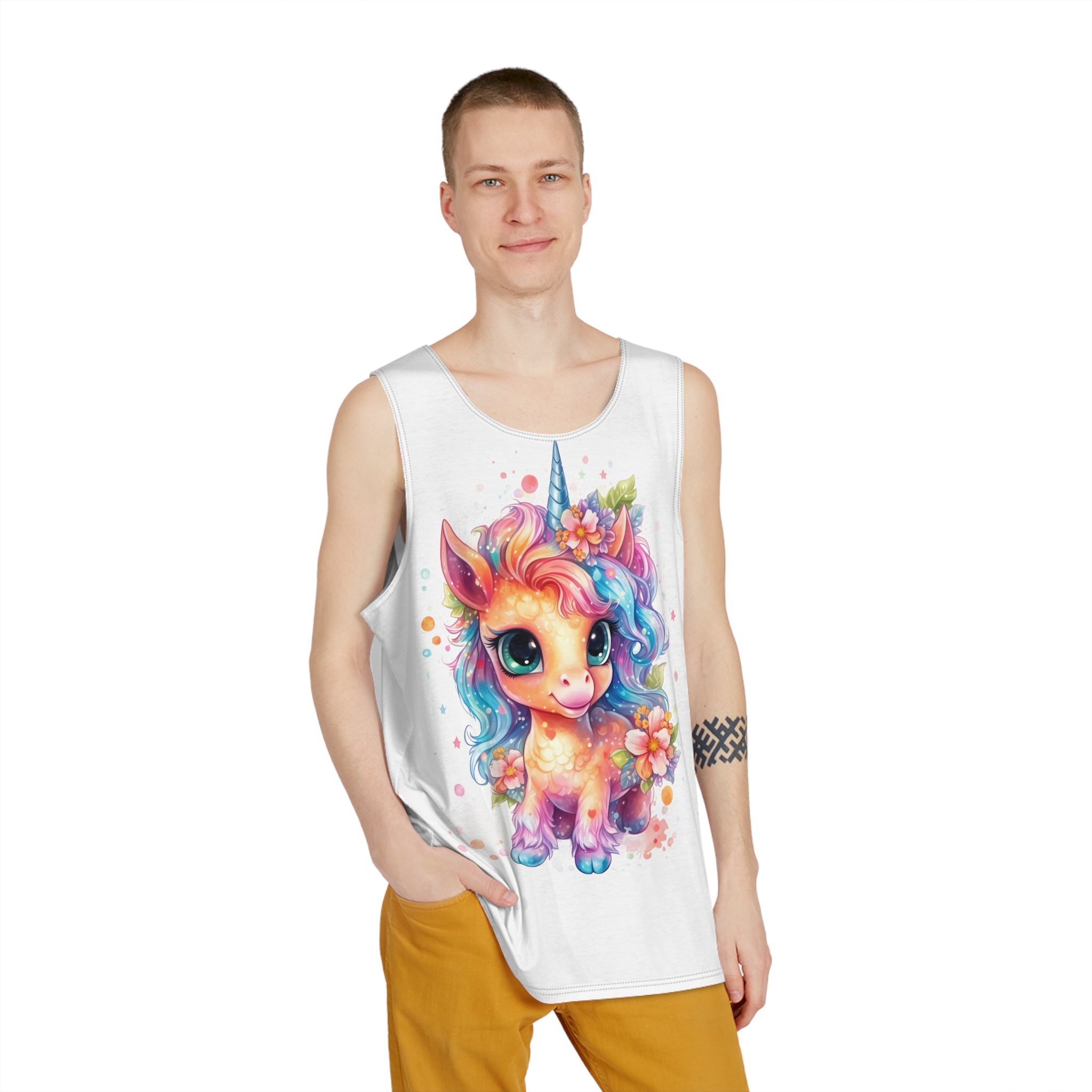 Cute Colorful Magic Unicorn With Flowers Watercolor Style (1) Copia Mens Tank Aop - Image 3