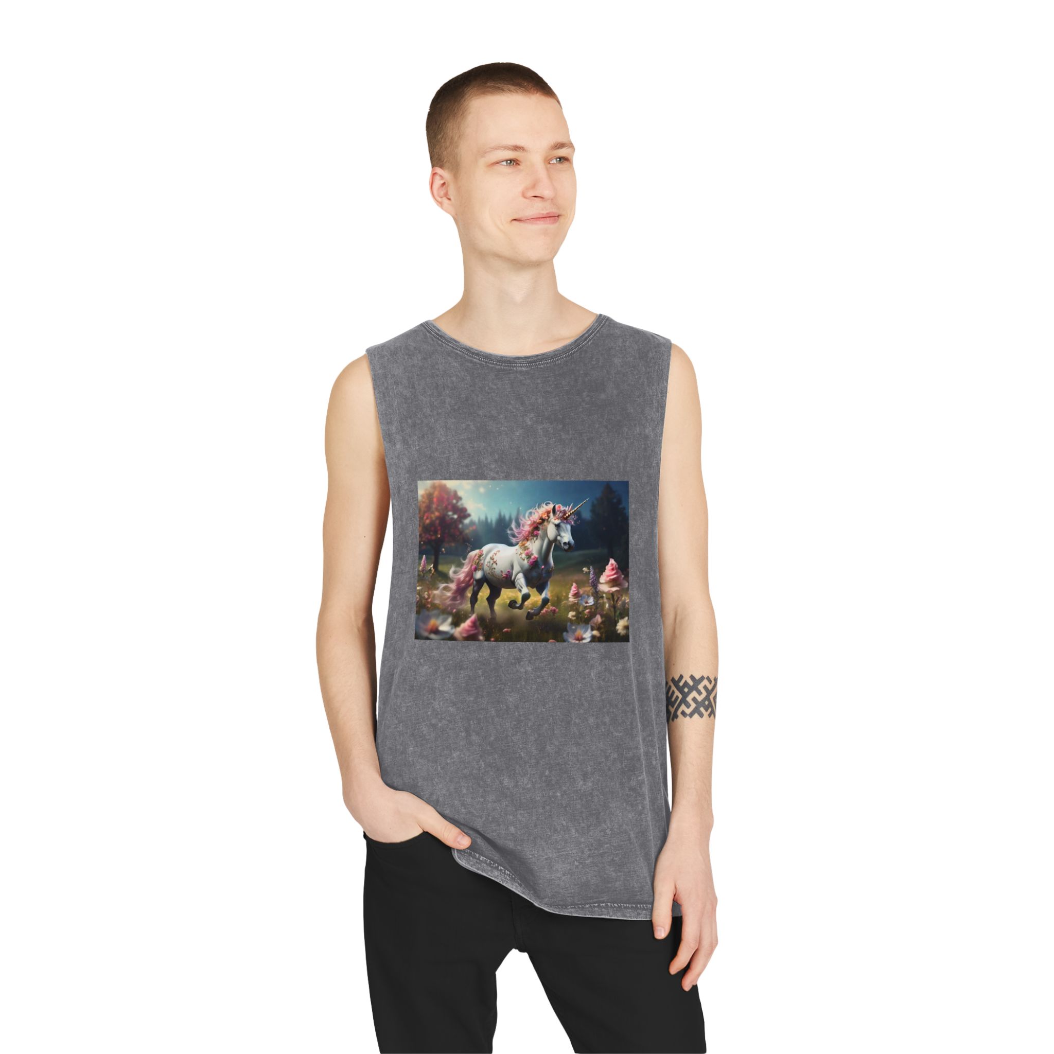 Beautiful Unicorn Running Magical Meadow Unicorn Background Images Whimsical Unicorn (38) Unisex Stonewash Tank Top - Image 11