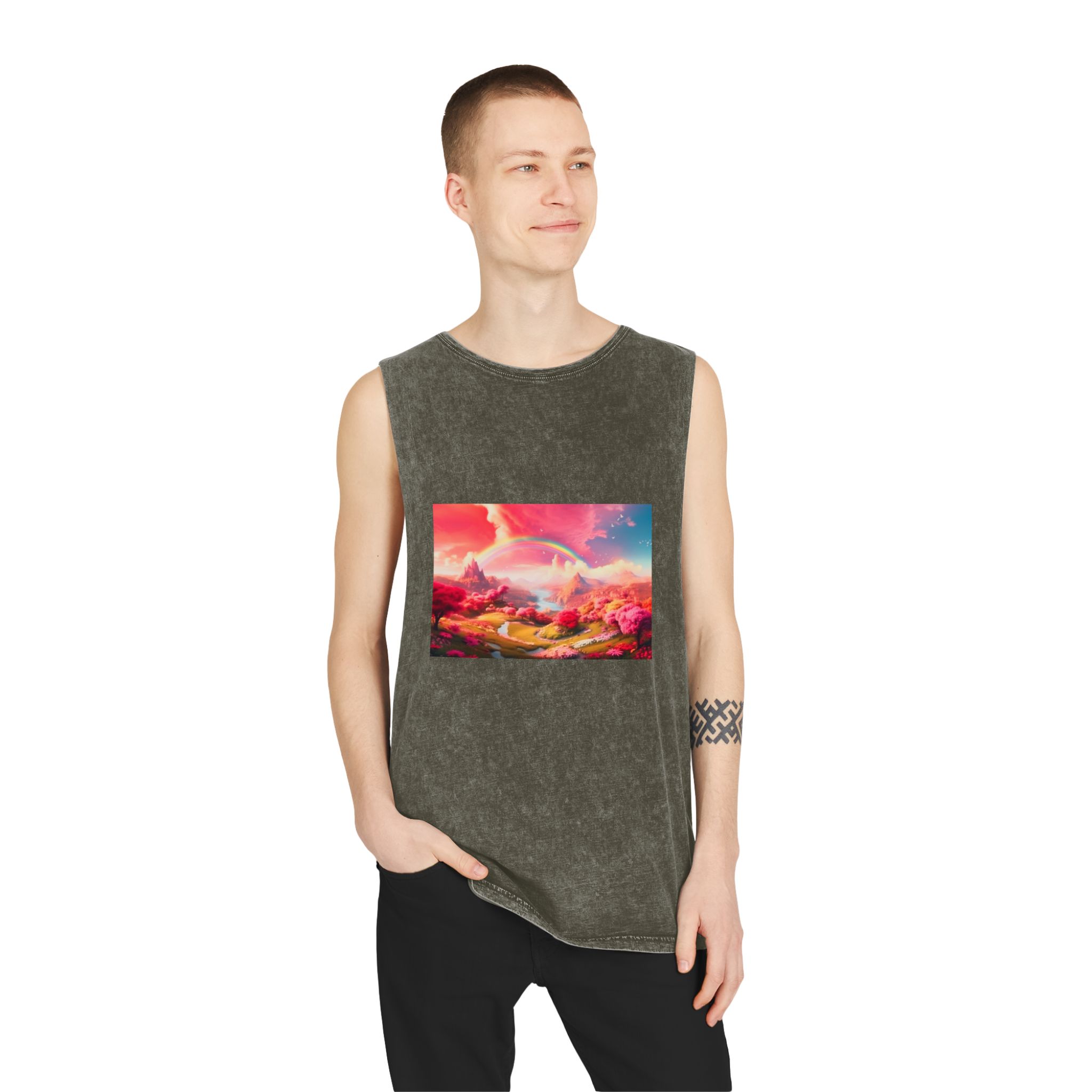 Pink Spring Garden Fairy Land Background Clouds With Rainbow Animation Unisex Stonewash Tank Top - Image 7
