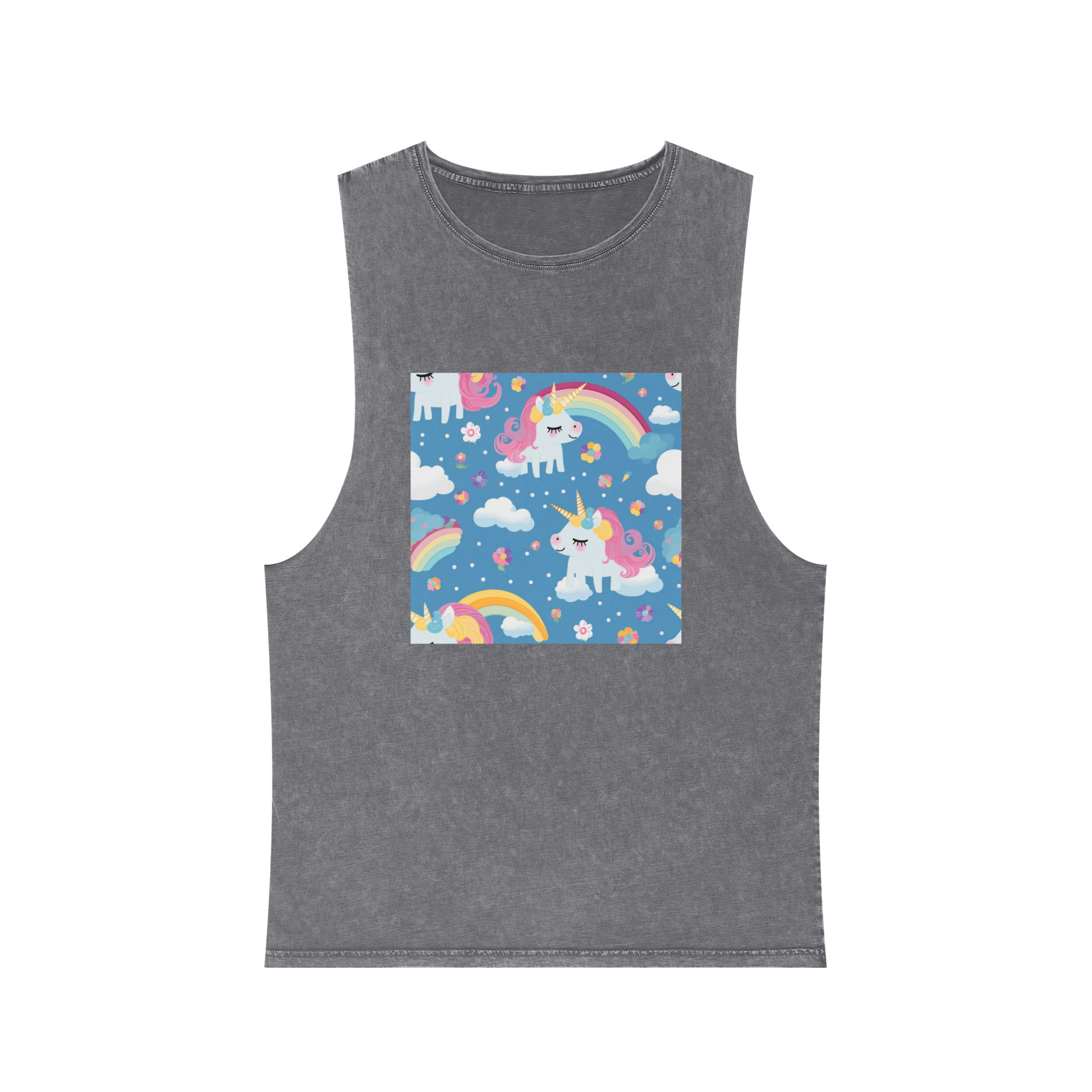 Playful Unicorns Flowers Clouds Rainbows Ice Creams Pastel Background (17) Unisex Stonewash Tank Top - Image 9