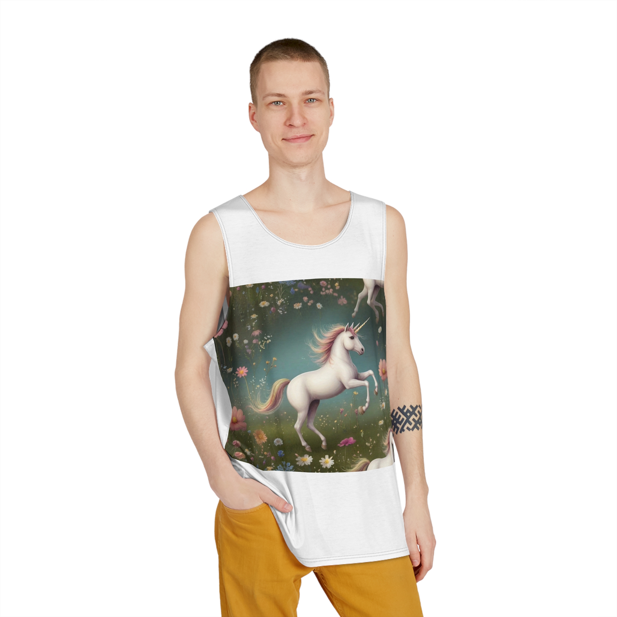 Beautiful Unicorn Running Magical Meadow Unicorn Background Images Whimsical Unicorn (42) Mens Tank Aop - Image 3