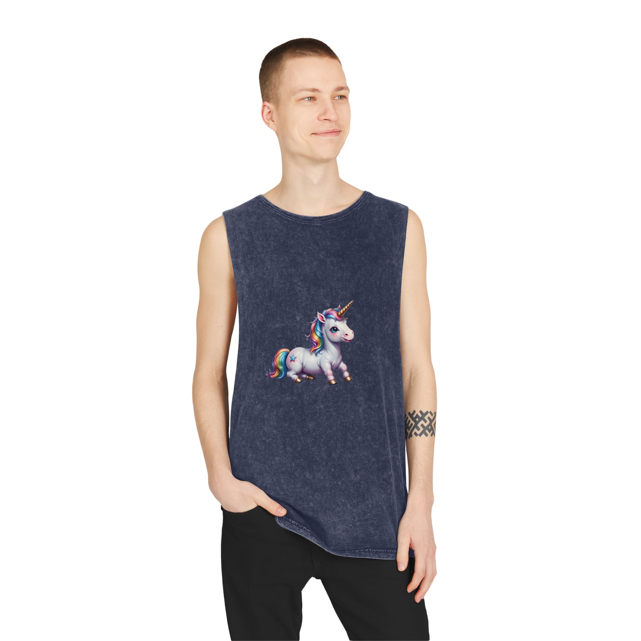 Happy Unicorn Background Sky Rainbow Unisex Stonewash Tank Top - Image 15