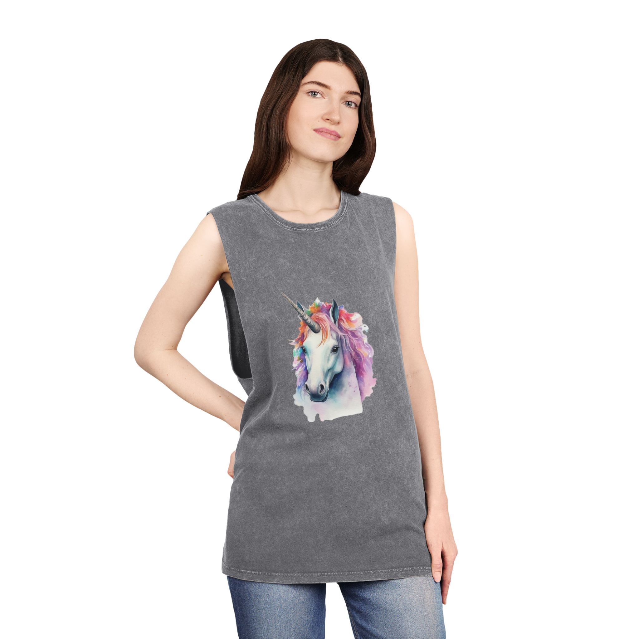 Painting Unicorn With Colorful Mane Long Mane Generative Ai (3) Unisex Stonewash Tank Top - Image 12