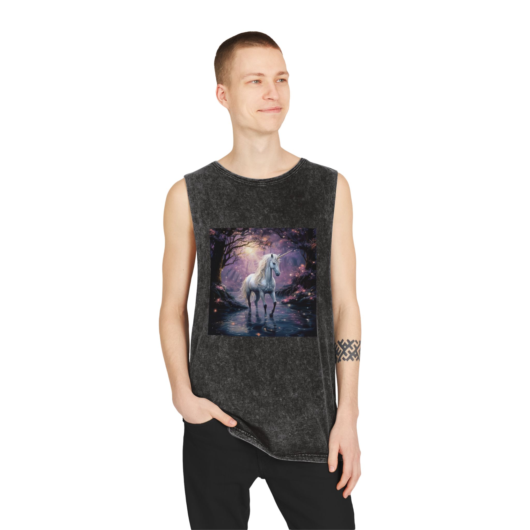 Unicorn Forest With Stream Water Trees Generative Ai Unisex Stonewash Tank Top - Image 3