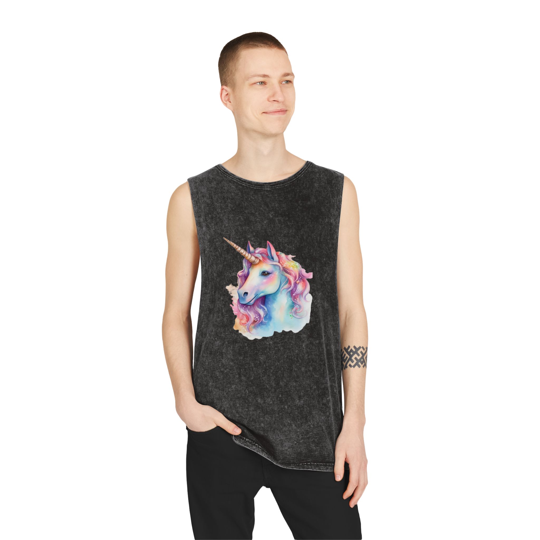 Painting Unicorn With Long Mane Colorful Mane Generative Ai Unisex Stonewash Tank Top - Image 3
