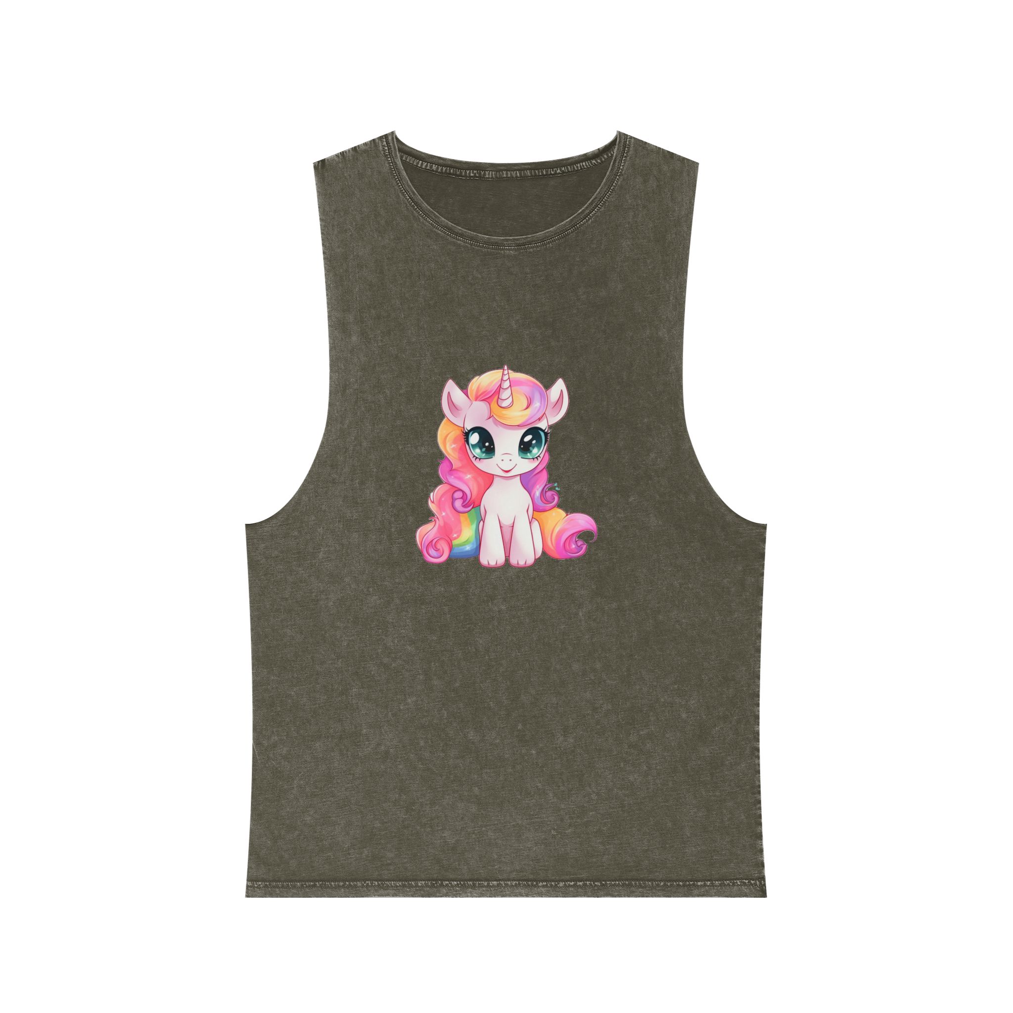 Cartoon Unicorn With Pink Hair Rainbow Mane Sitting Ground Generative Ai Unisex Stonewash Tank Top - Image 5