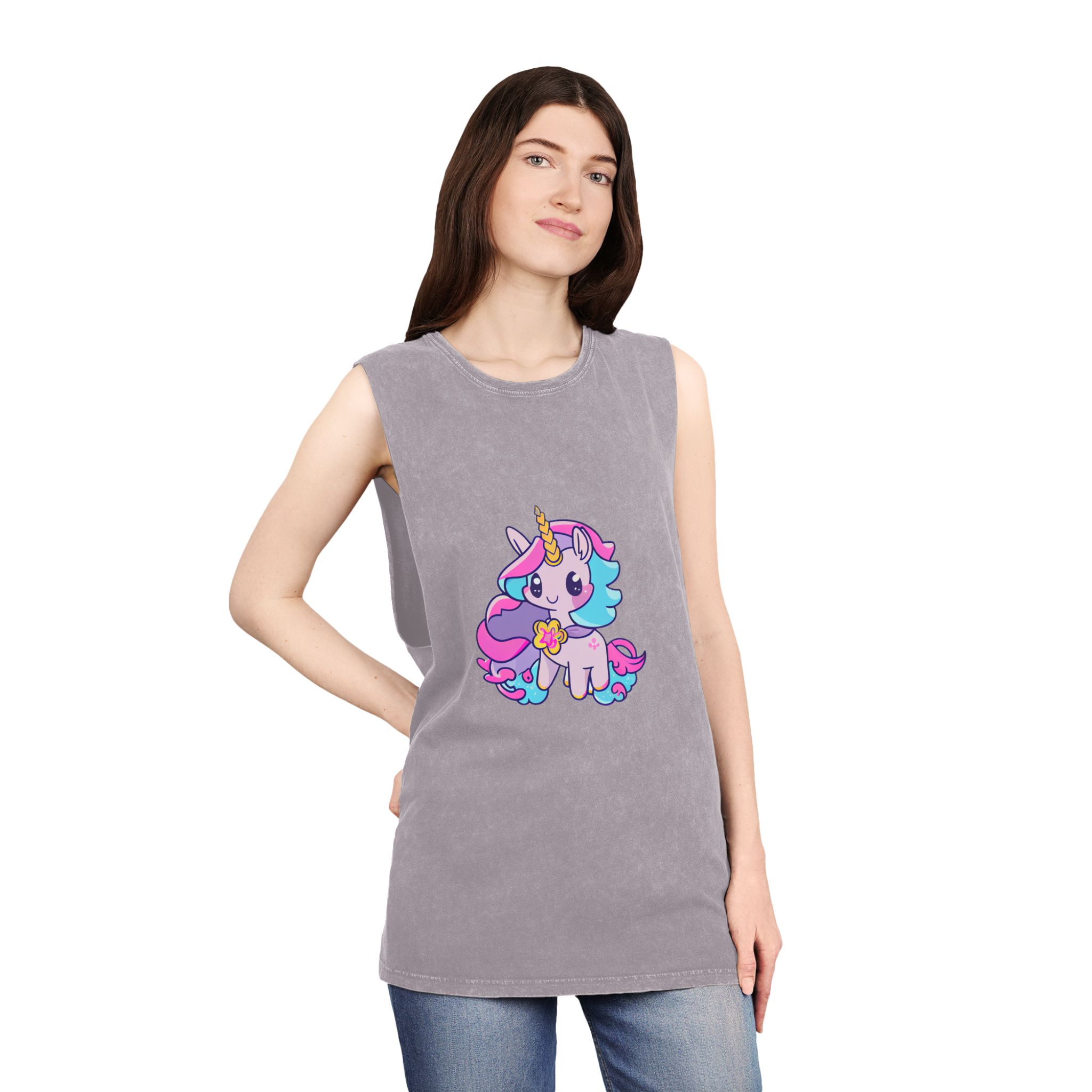 There Is Cartoon Unicorn With Heart Its Chest Generative Ai Unisex Stonewash Tank Top - Image 20