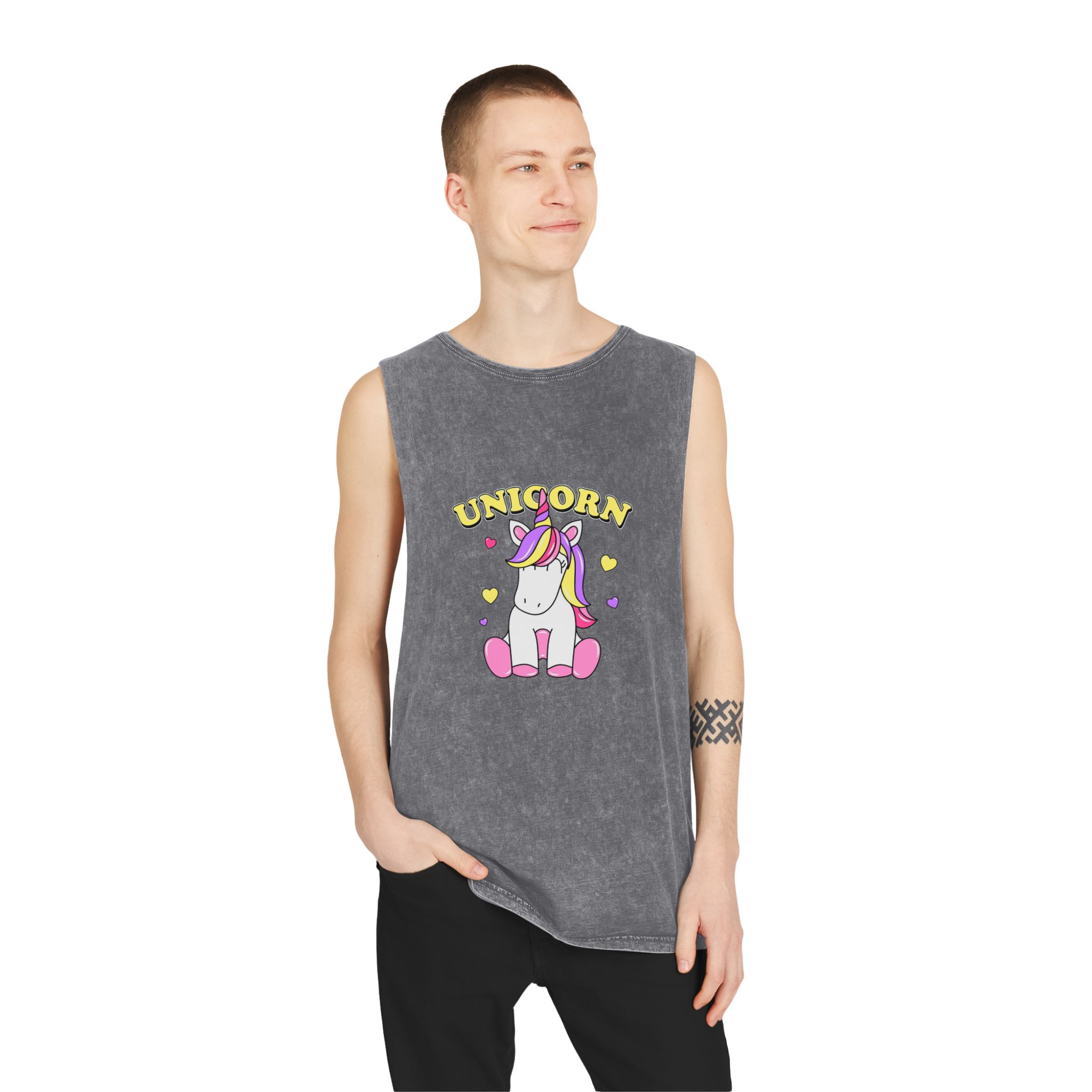 Cute Unicorn With Colorful Hair Hearts Unisex Stonewash Tank Top - Image 11