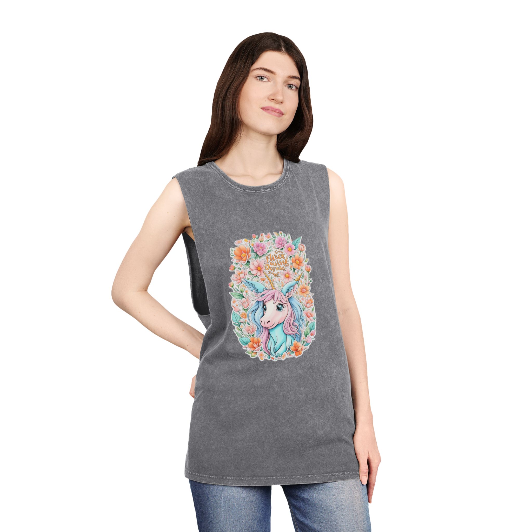 Beautiful Cute Unicorn With Colorful Fantasy Flowers (1) Unisex Stonewash Tank Top - Image 12