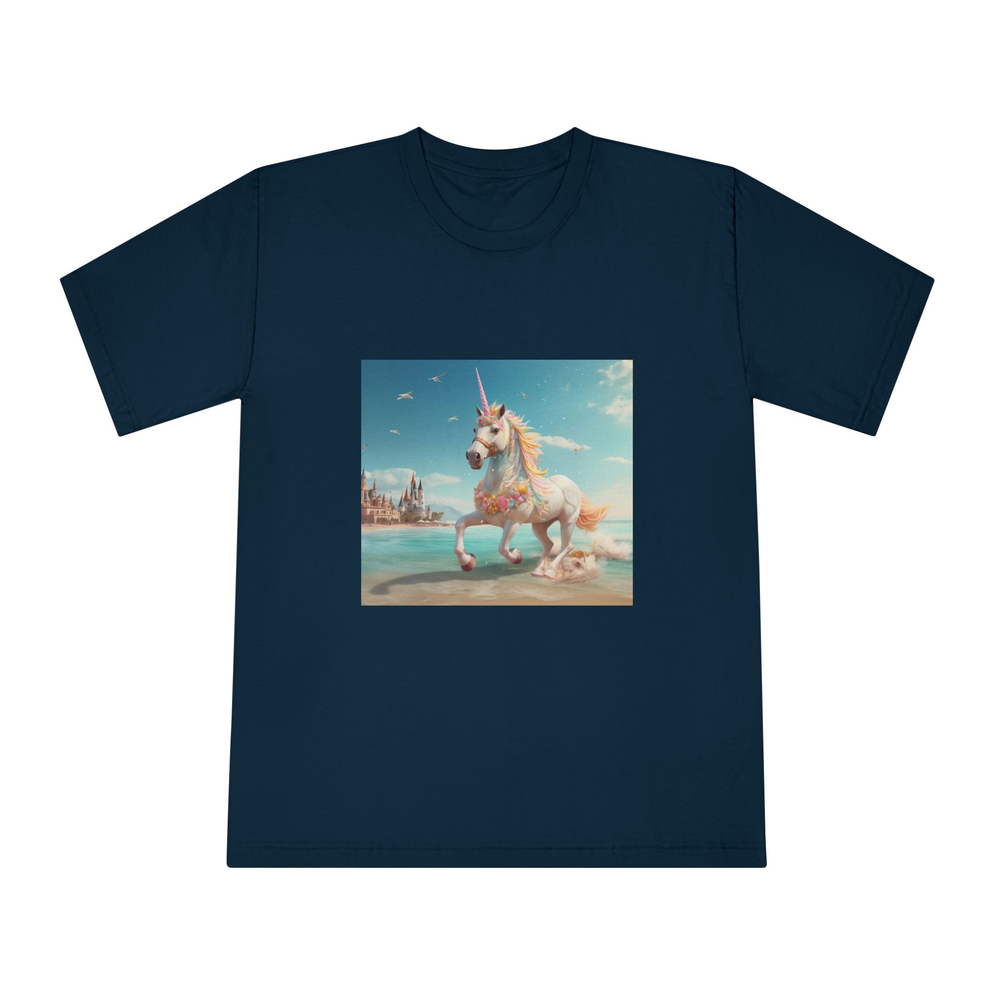 There Is Unicorn Running Beach With Castle Background Generative Ai Unisex Classic Crewneck T Shirt - Image 17