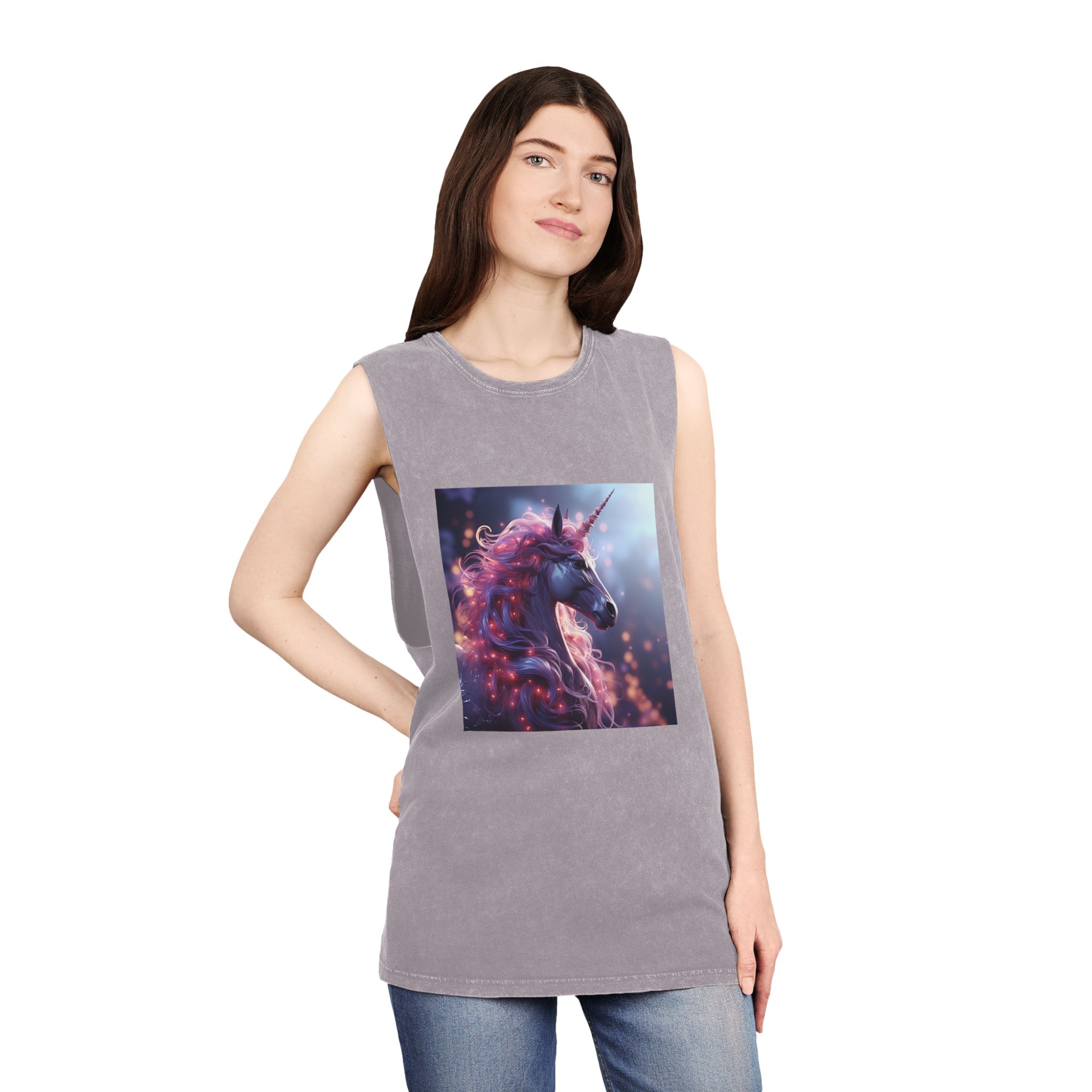 Pink 3d Mythical Unicorn With Lights Mane Unisex Stonewash Tank Top - Image 20