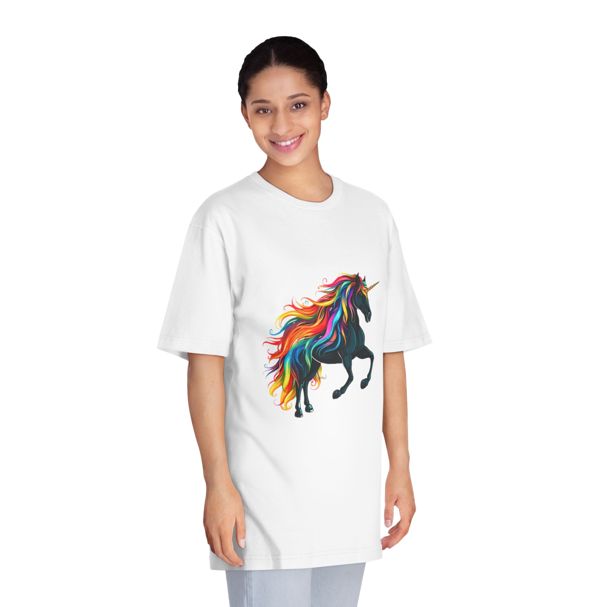 Close Up Black Unicorn With Rainbow Mane Generative Ai Unisex Classic Crewneck T Shirt - Image 3