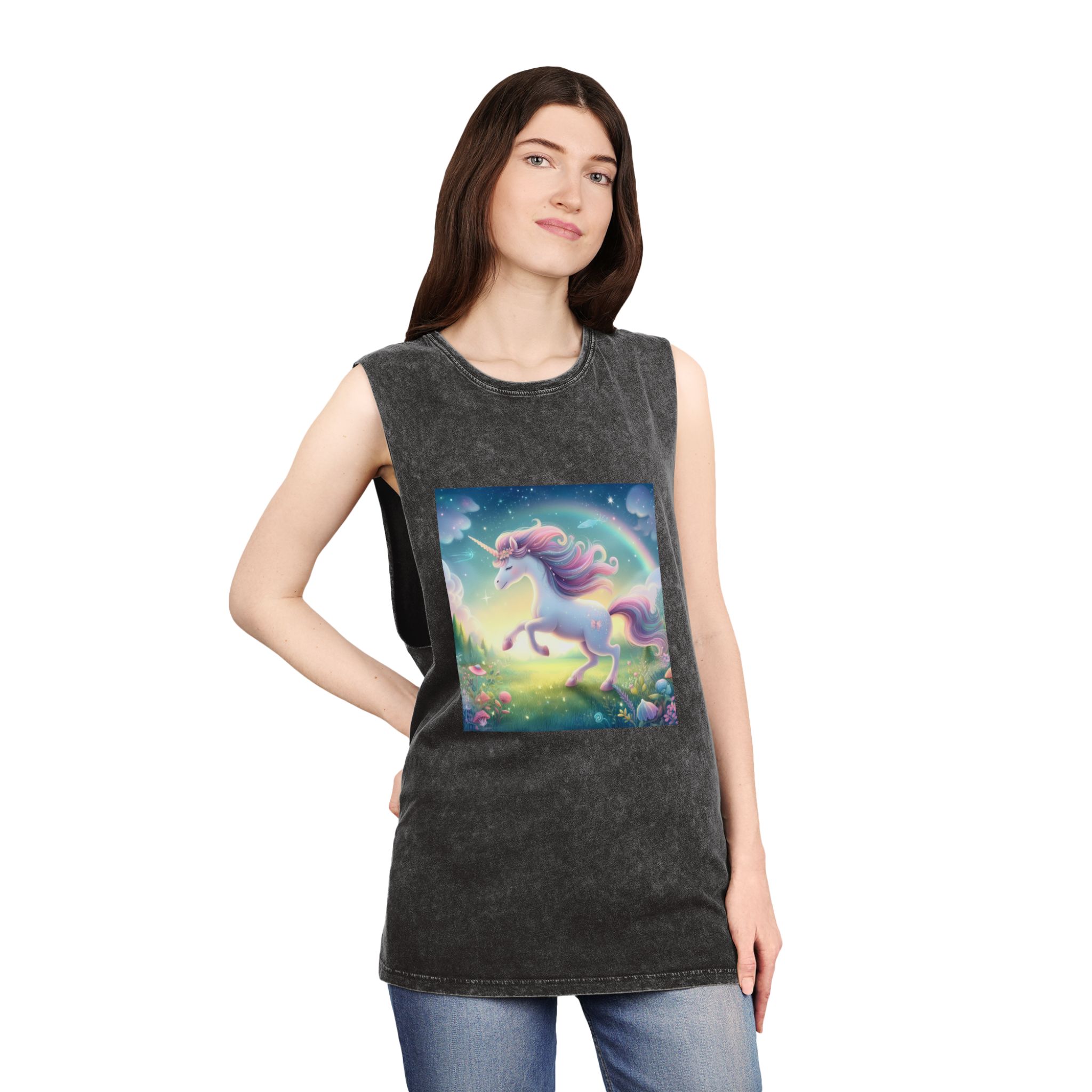 Beautiful Unicorn Running Magical Meadow Unicorn Background Images Whimsical Unicorn (21) Unisex Stonewash Tank Top - Image 4