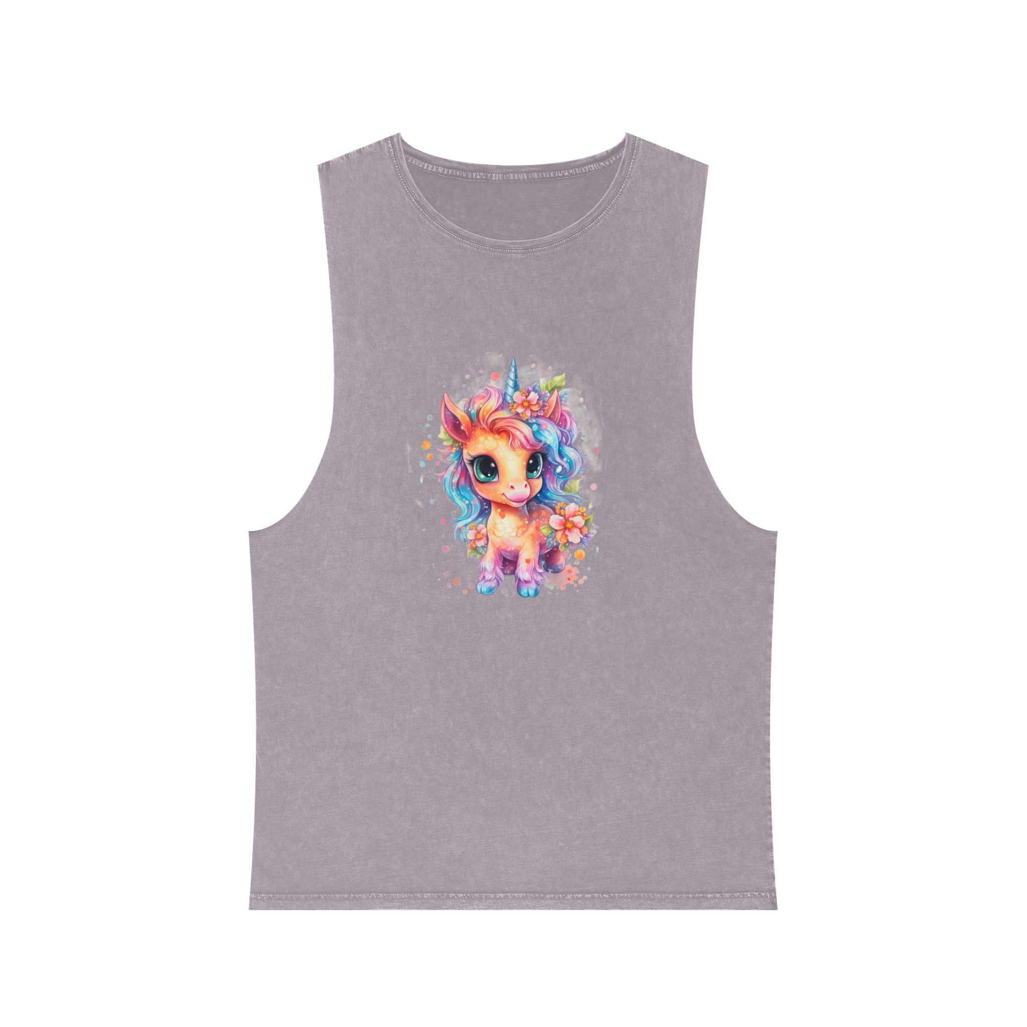 Cute Colorful Magic Unicorn With Flowers Watercolor Style (1) Copia Unisex Stonewash Tank Top - Image 17
