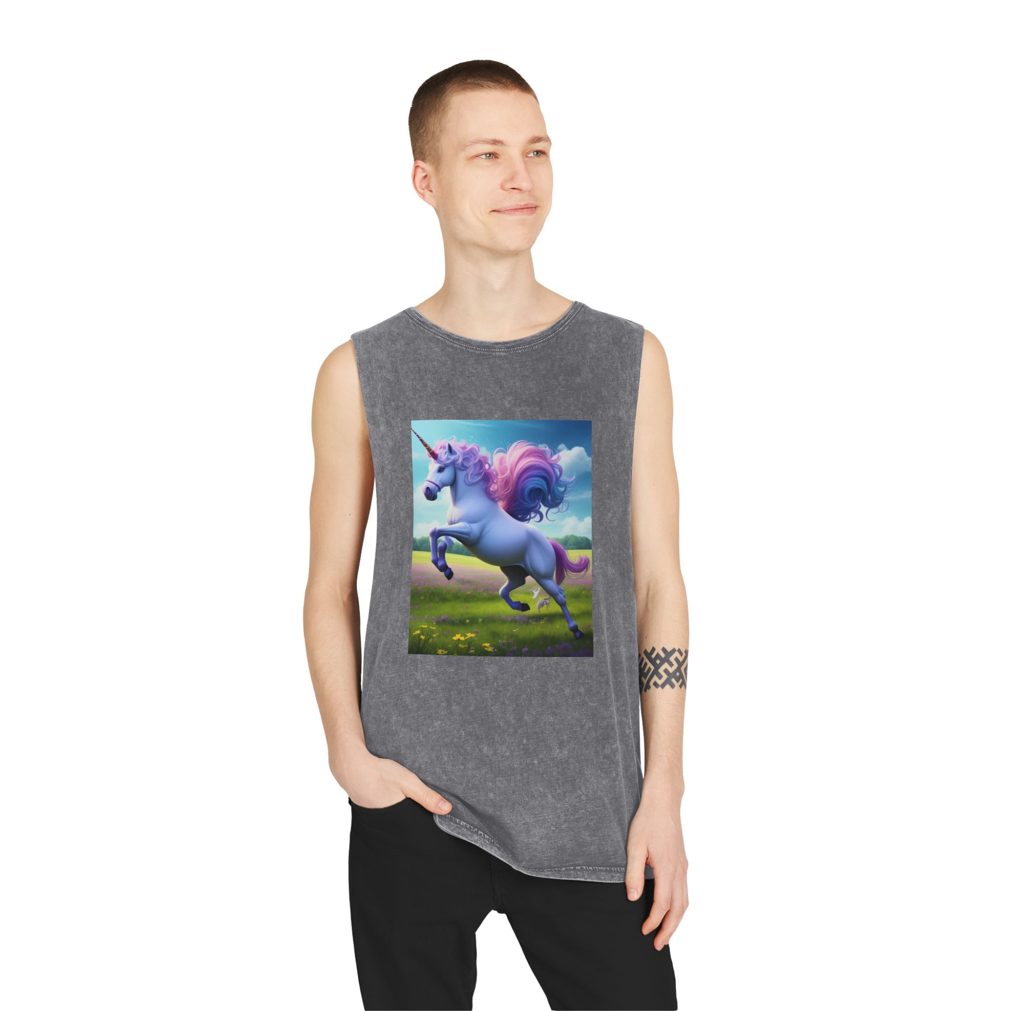 Beautiful Unicorn Running Magical Meadow Unicorn Background Images Whimsical Unicorn (26) Unisex Stonewash Tank Top - Image 11