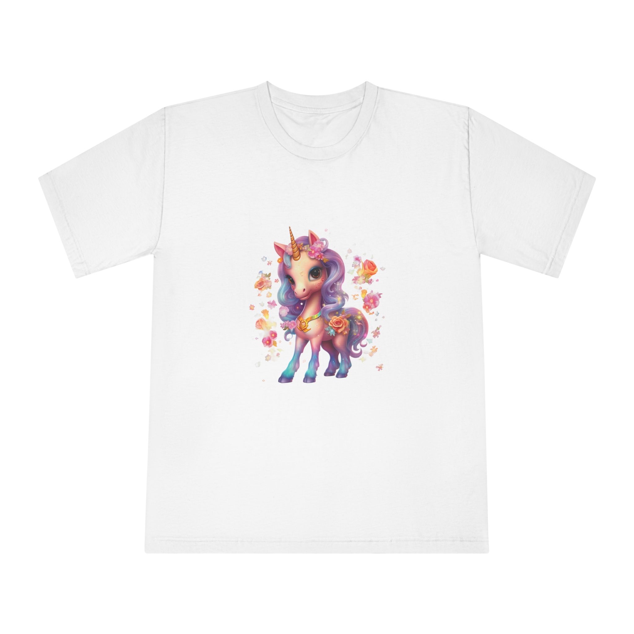 Illustration Unicorn Cartoon With Flower White Background Generative Ai (1) Unisex Classic Crewneck T Shirt
