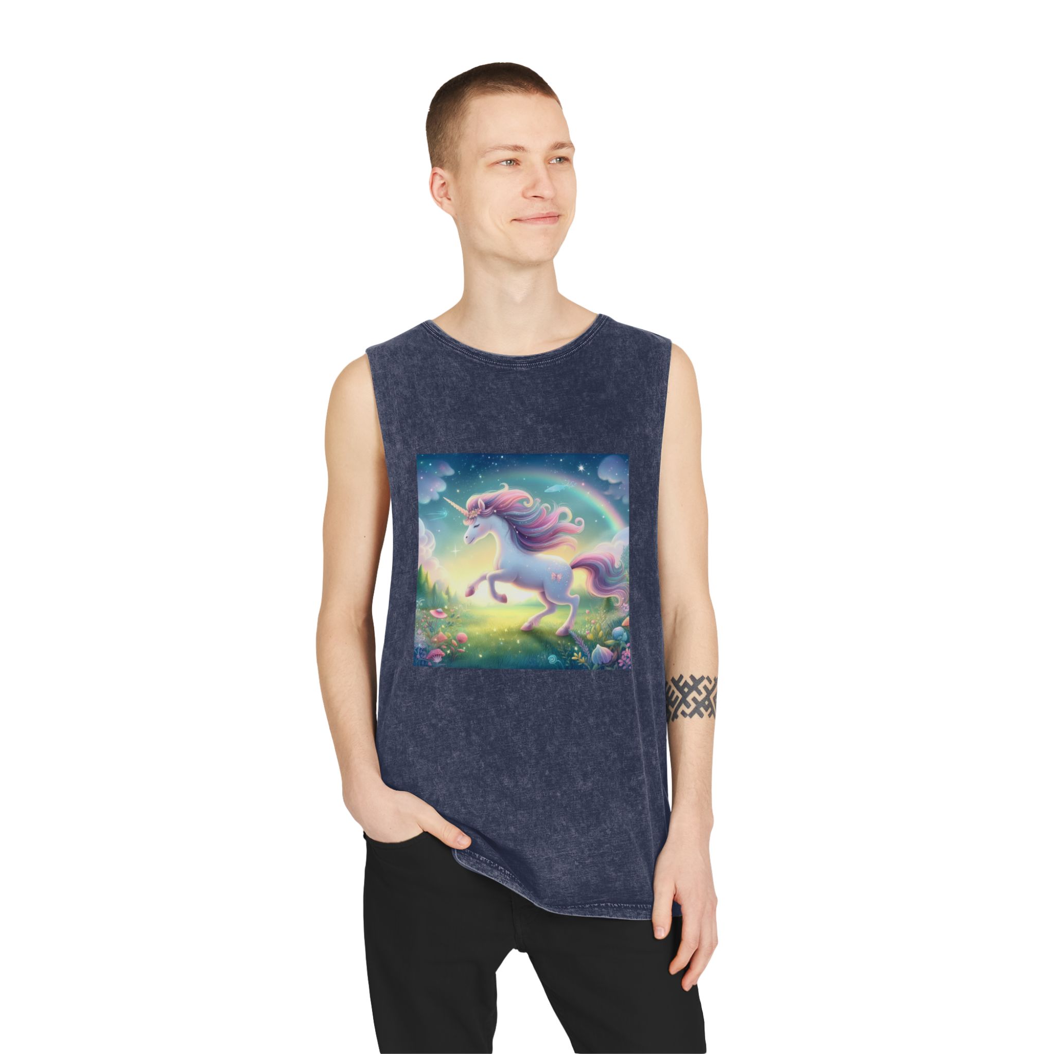 Beautiful Unicorn Running Magical Meadow Unicorn Background Images Whimsical Unicorn (21) Unisex Stonewash Tank Top - Image 15
