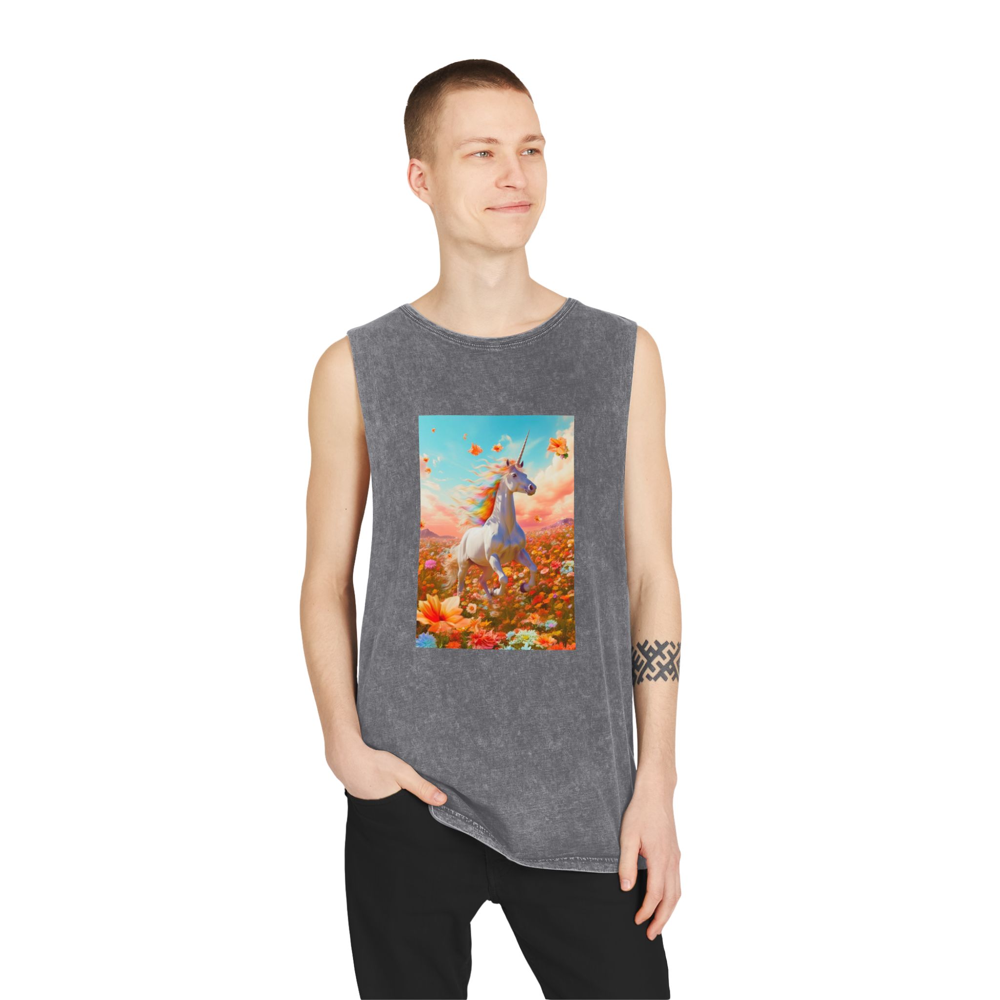 Image White Unicorn Running Through Field Wildflowers Generative Ai Unisex Stonewash Tank Top - Image 11