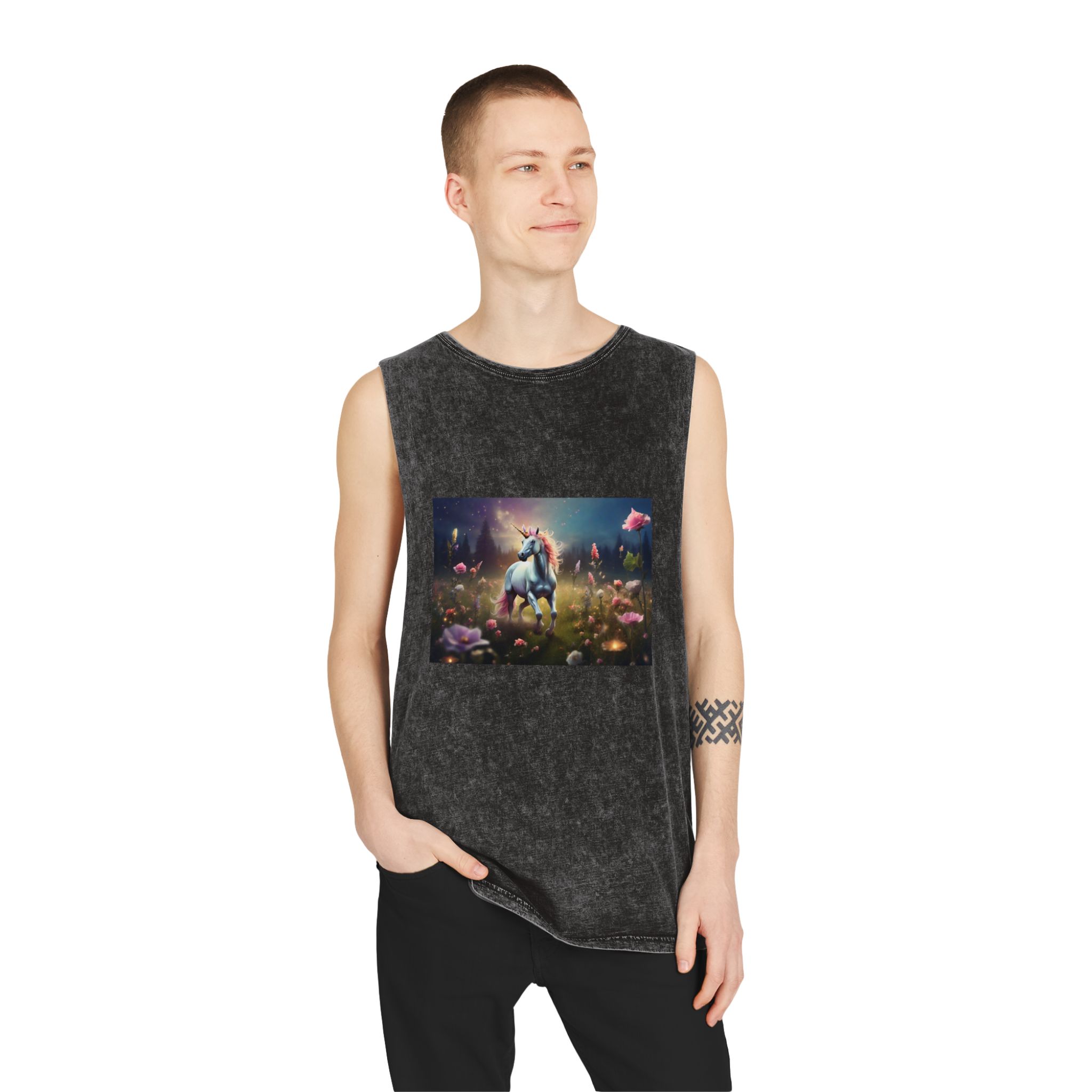 Beautiful Unicorn Running Magical Meadow Unicorn Background Images Whimsical Unicorn (20) Unisex Stonewash Tank Top - Image 3