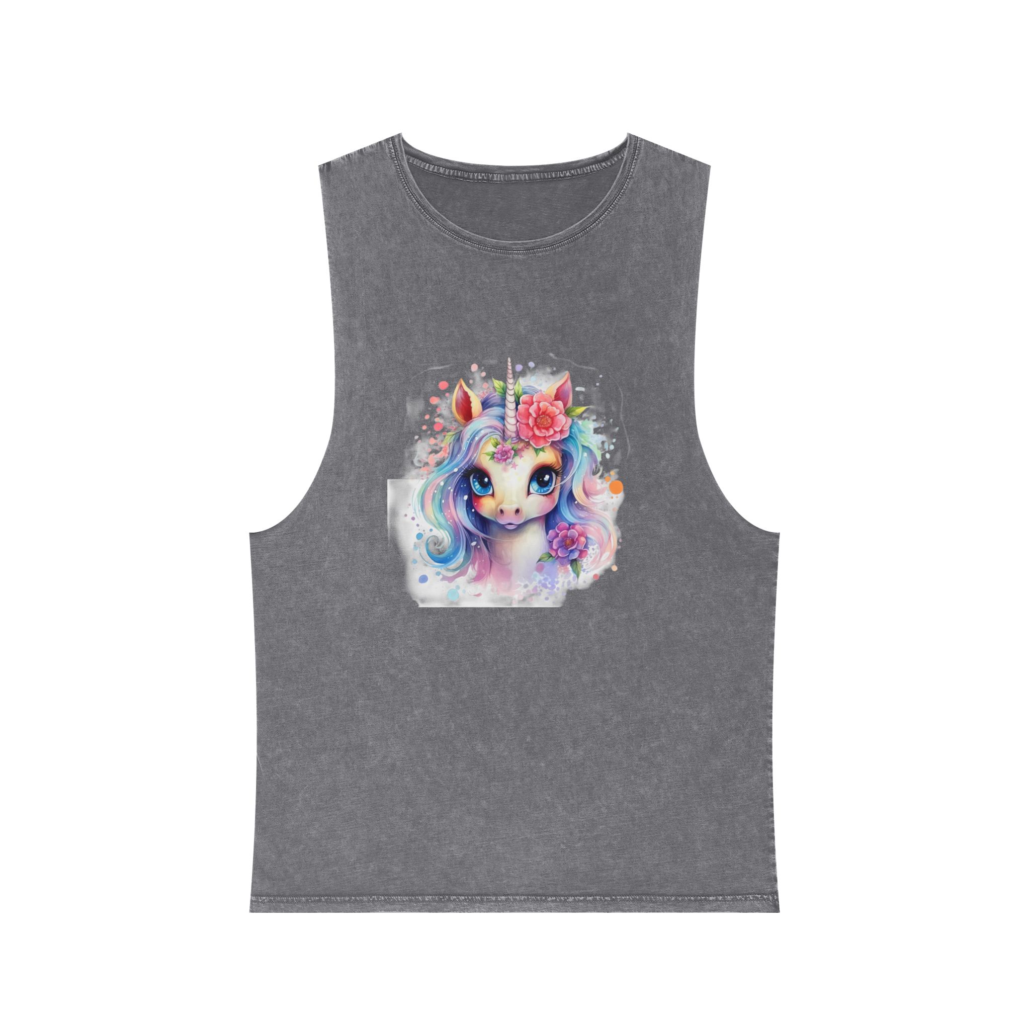 Cute Colorful Magic Unicorn With Flowers Watercolor Style (8) Copia Unisex Stonewash Tank Top - Image 9