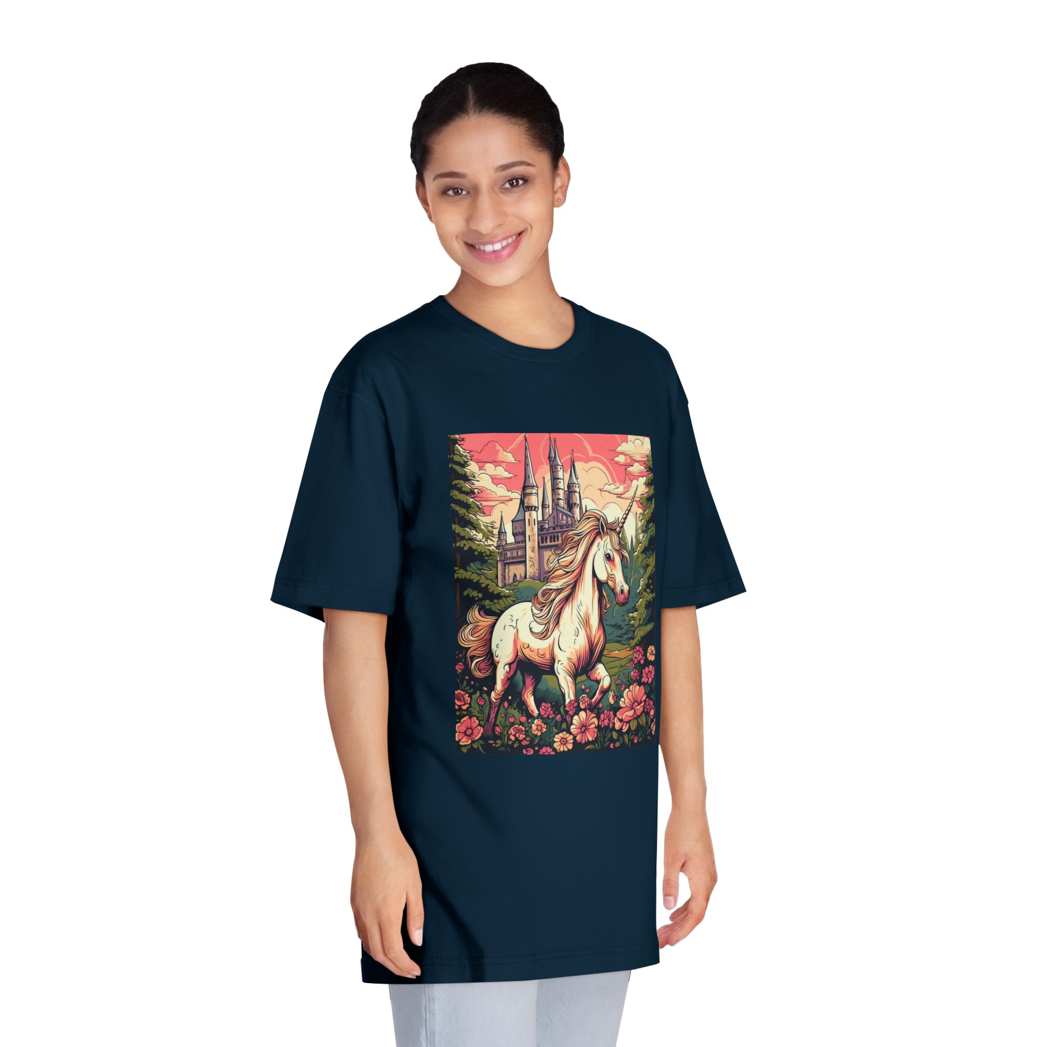 Unicorn Front Castle With Flowers Trees Generative Ai Unisex Classic Crewneck T Shirt - Image 19