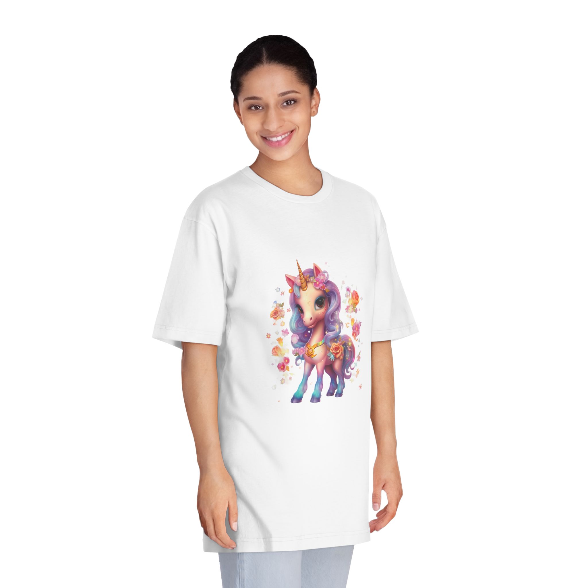 Illustration Unicorn Cartoon With Flower White Background Generative Ai (1) Unisex Classic Crewneck T Shirt - Image 3