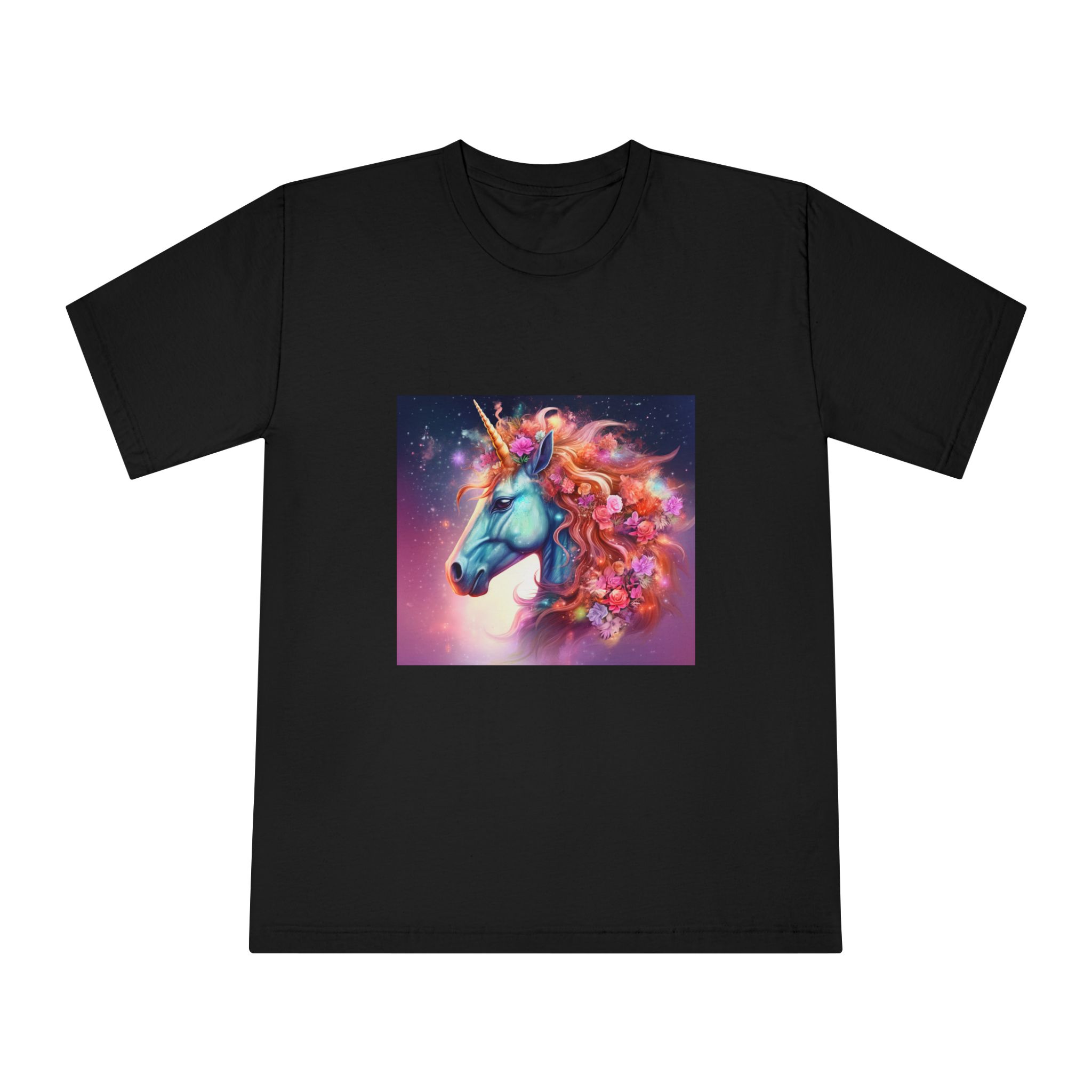 Unicorn With Flowers Its Mane Star Background Generative Ai Unisex Classic Crewneck T Shirt - Image 5