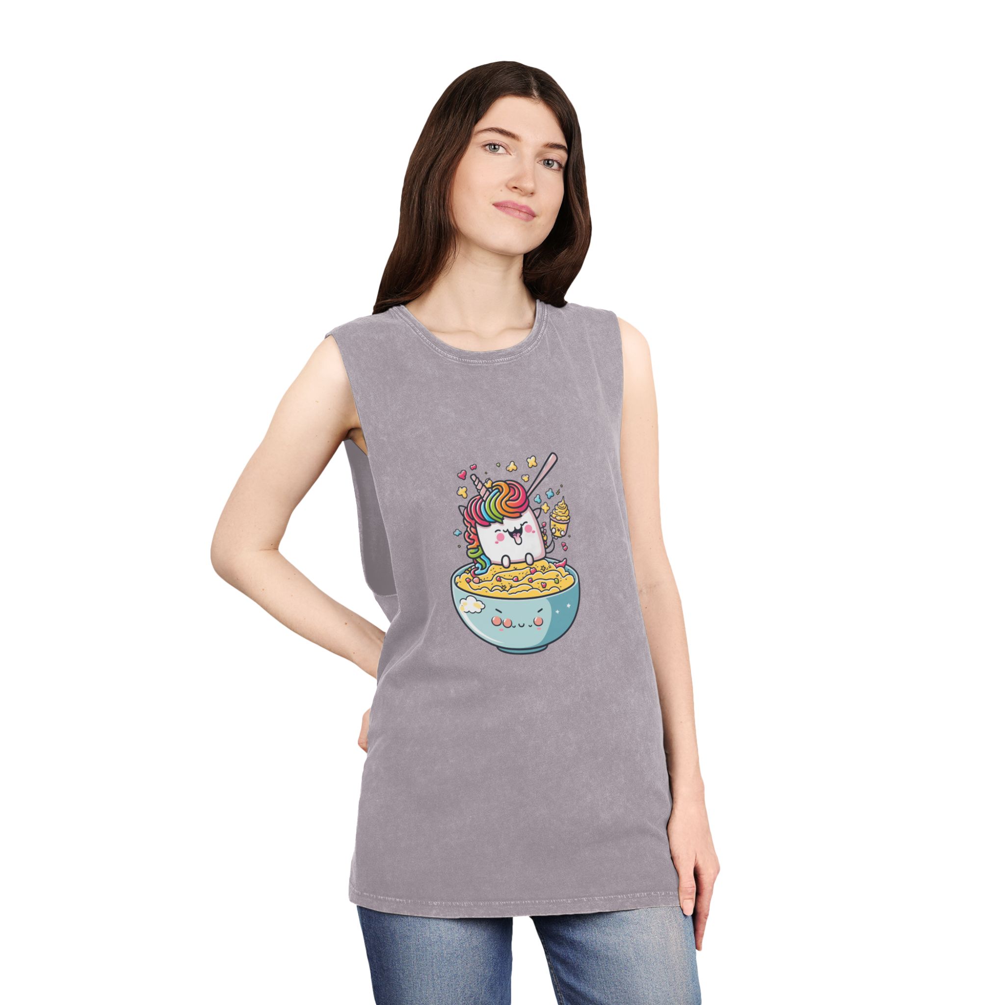 Cute Kawaii Unicorn Graphic Eating Ramen Unisex Stonewash Tank Top - Image 20