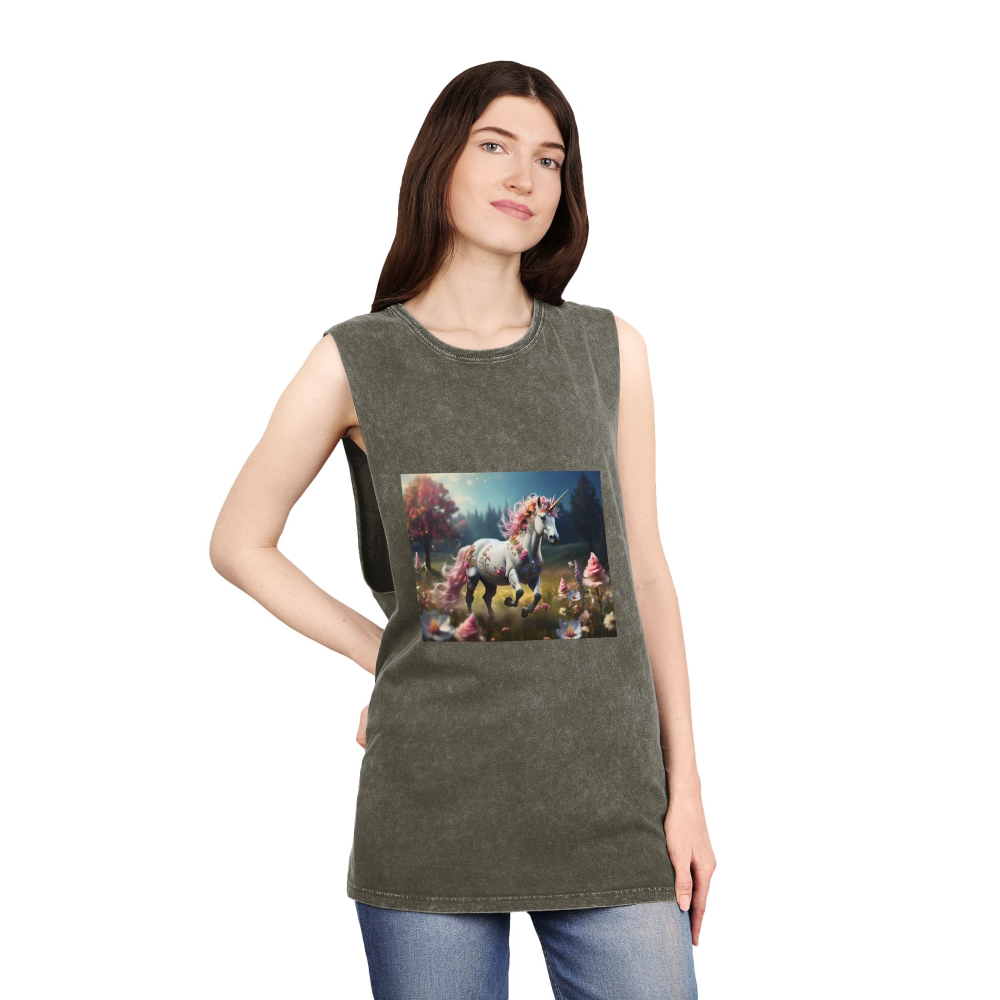 Beautiful Unicorn Running Magical Meadow Unicorn Background Images Whimsical Unicorn (38) Unisex Stonewash Tank Top - Image 8
