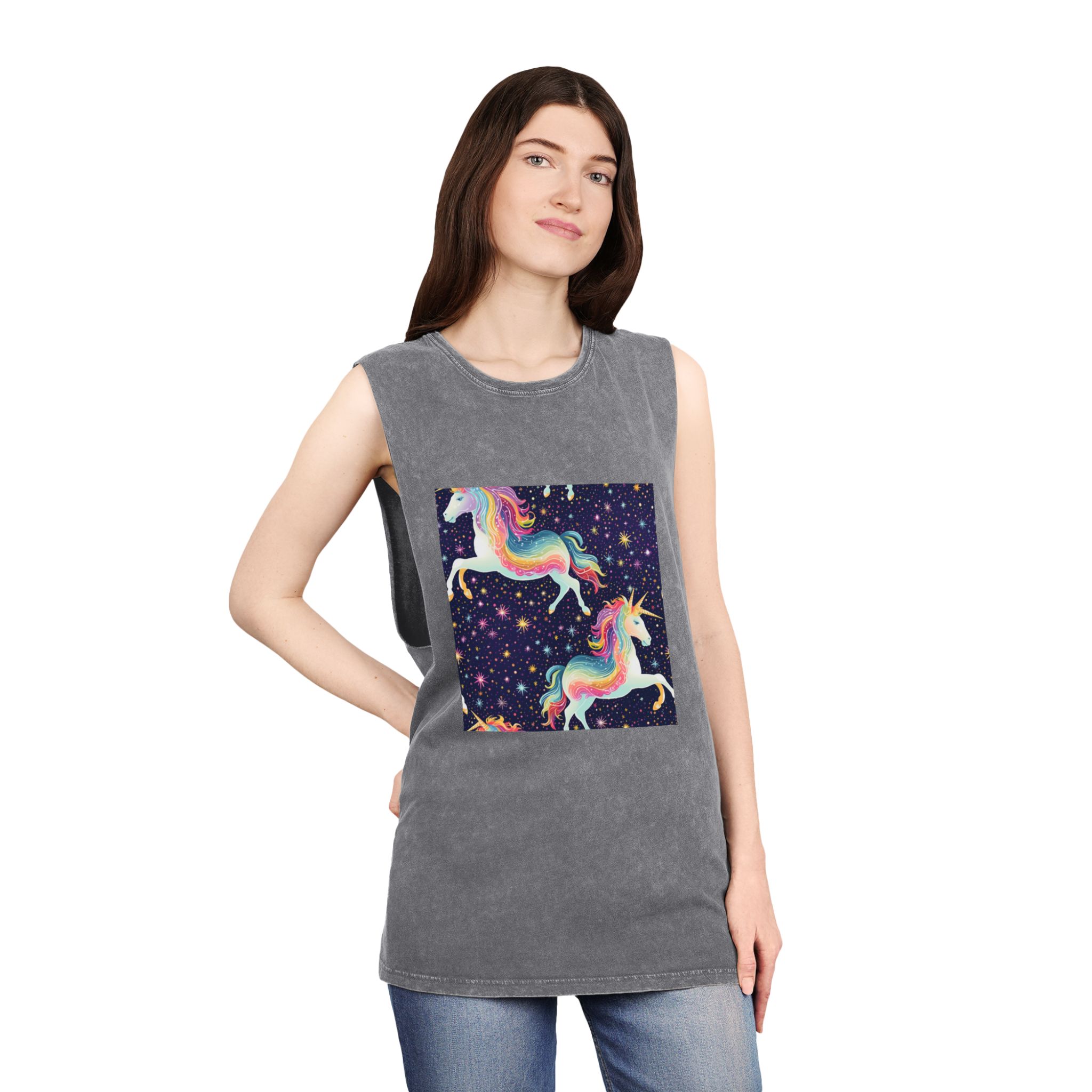 Seamless Pattern With Unicorns Stars Dark Background Generative Ai Unisex Stonewash Tank Top - Image 12