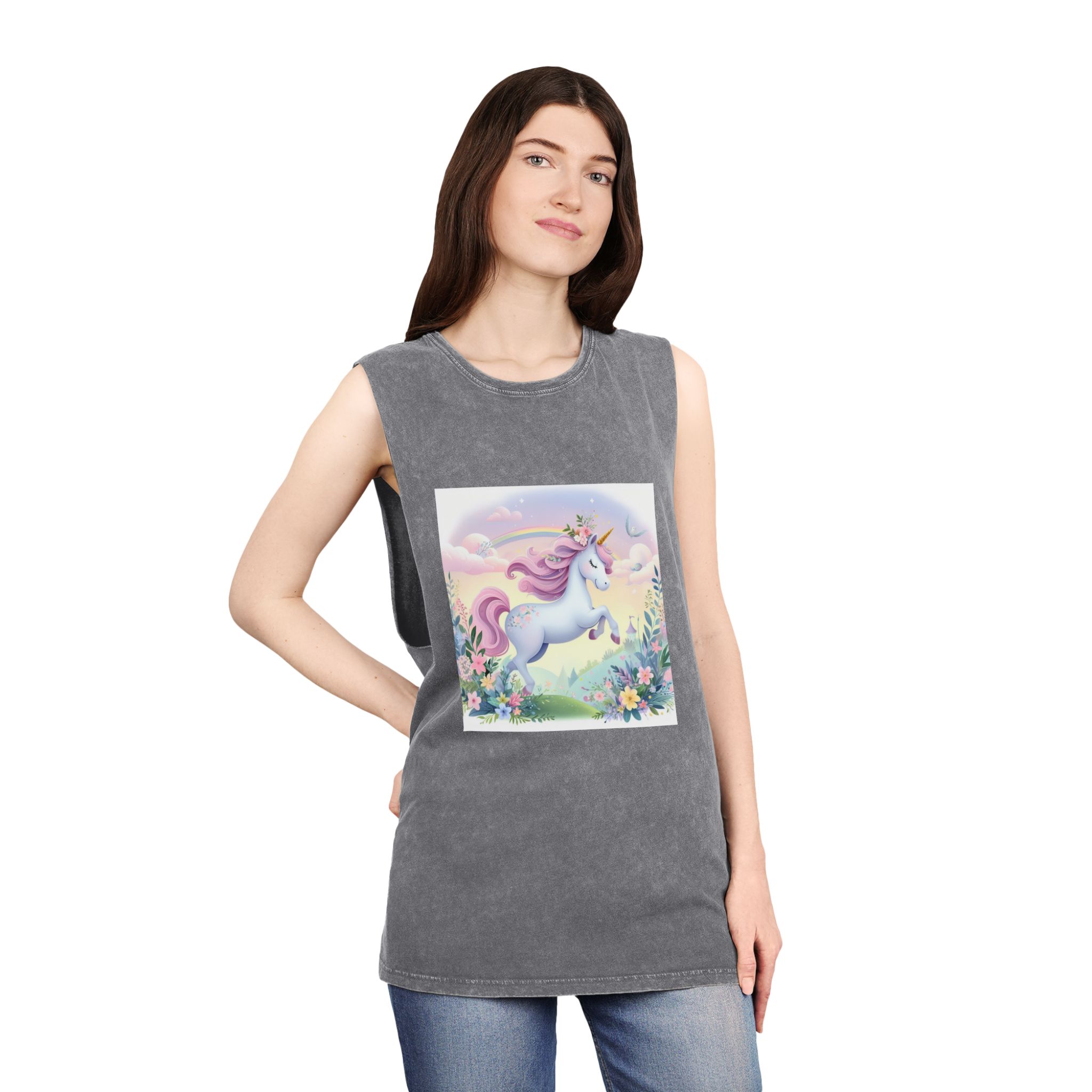Beautiful Unicorn Running Magical Meadow Unicorn Background Images Whimsical Unicorn (11) Unisex Stonewash Tank Top - Image 12