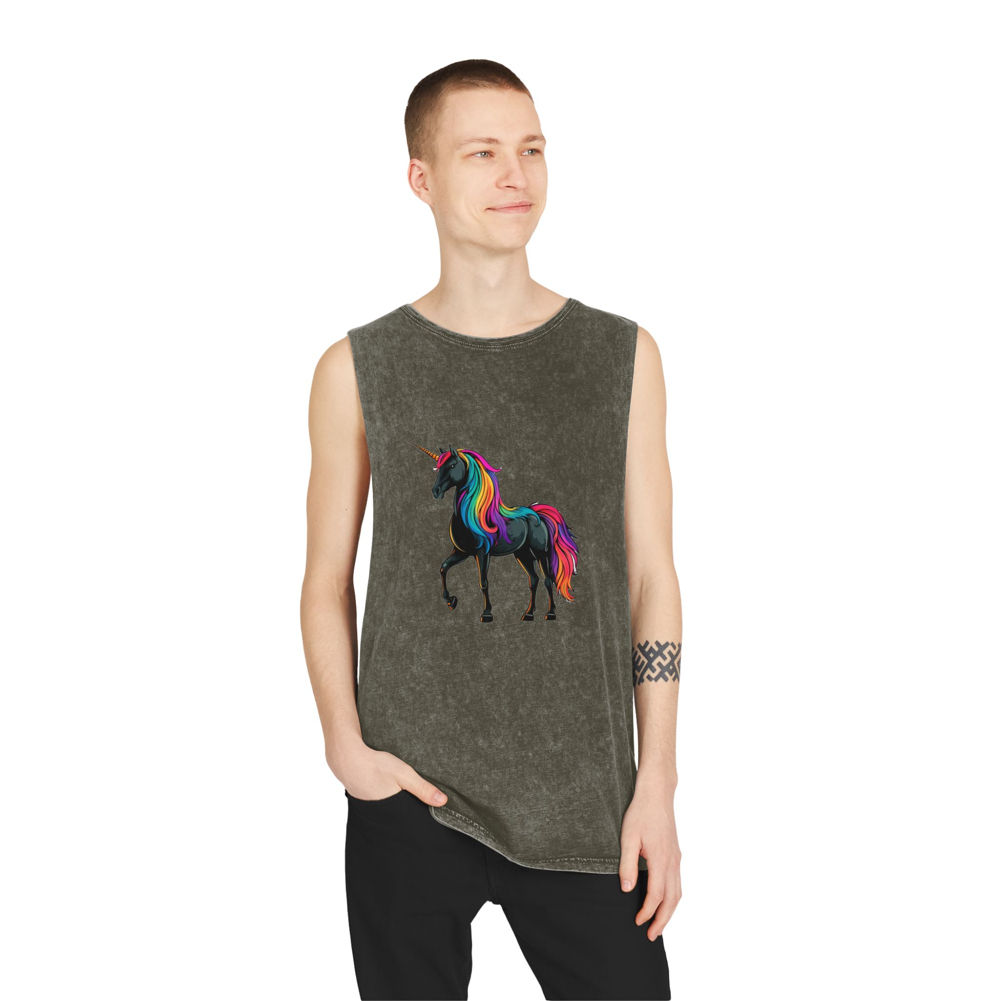 Cartoon Unicorn With Rainbow Mane Horn Generative Ai Unisex Stonewash Tank Top - Image 7