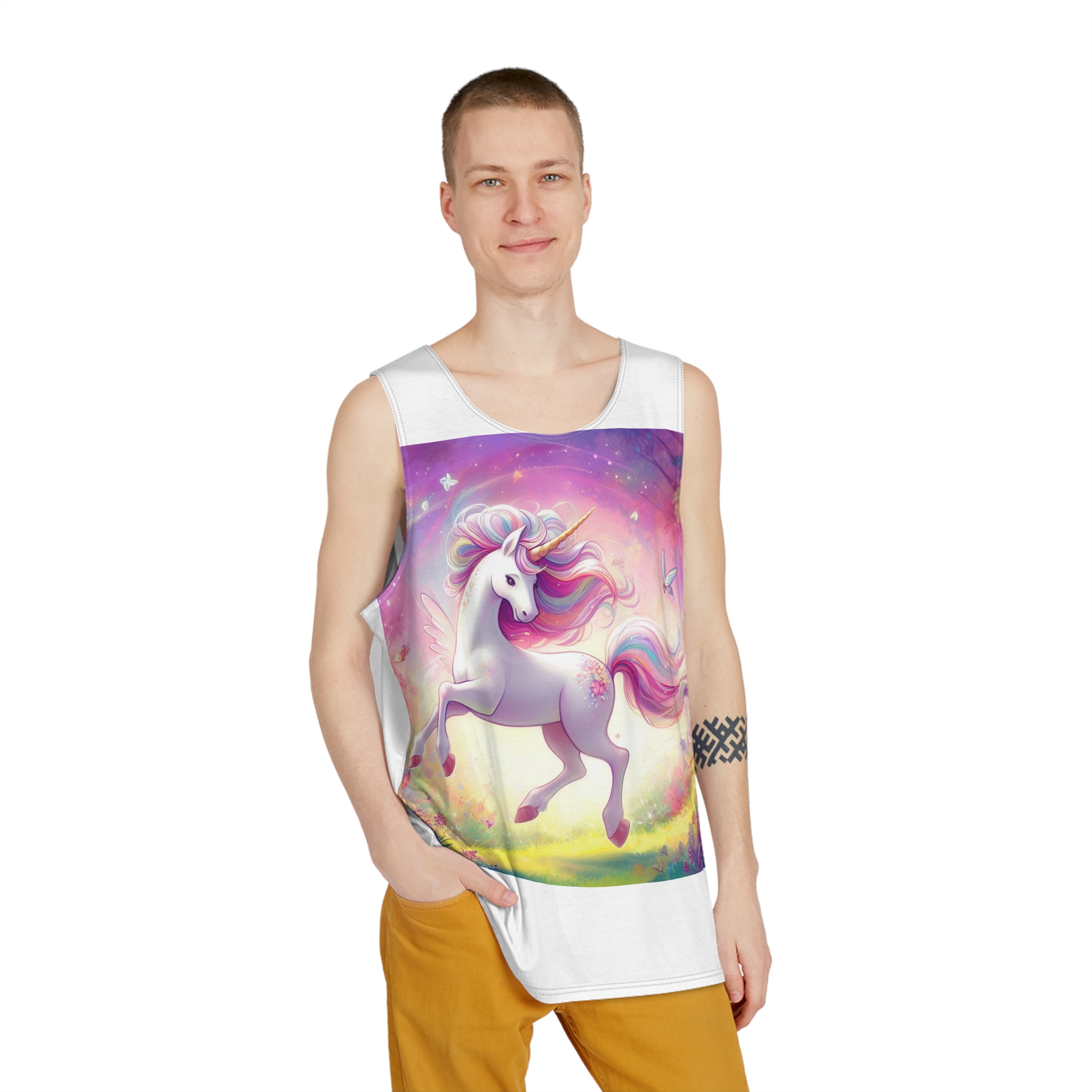 Beautiful Unicorn Running Magical Meadow Unicorn Background Images Whimsical Unicorn (2) Mens Tank Aop - Image 3
