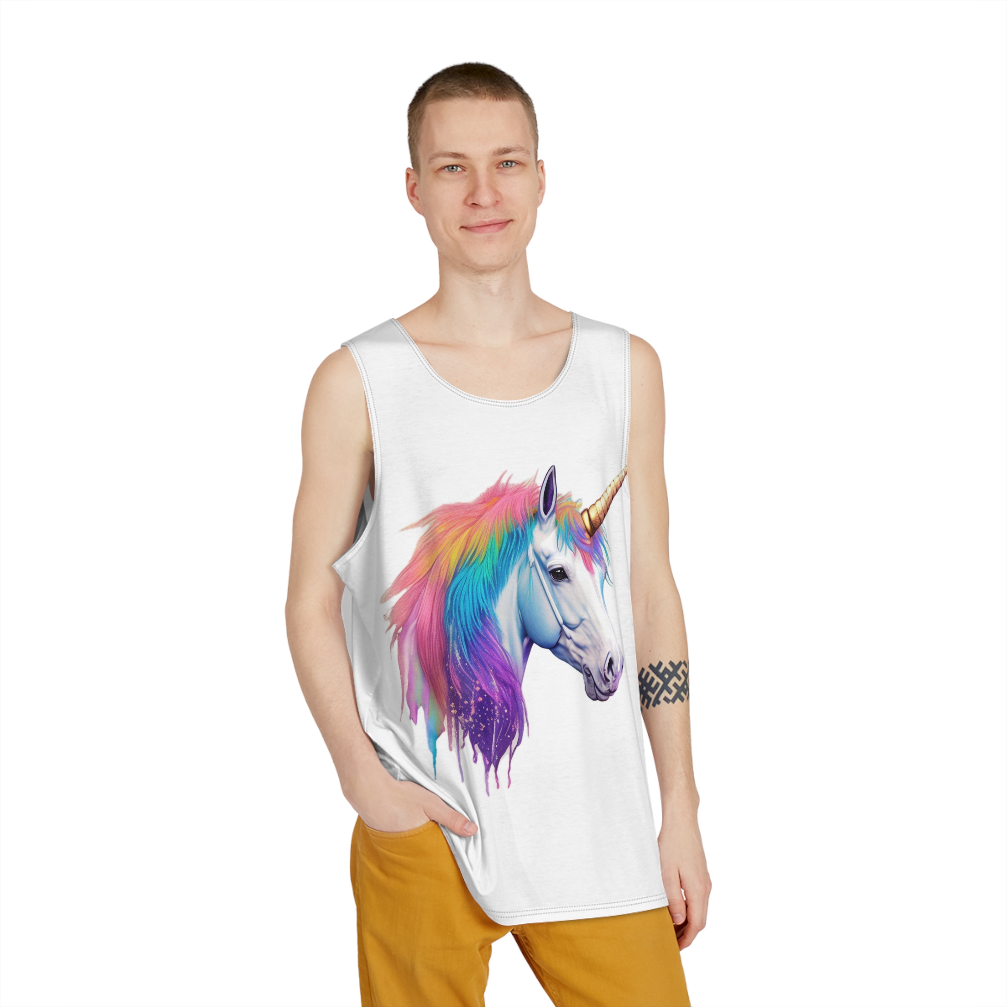 Unicorn Head With Rainbow Mane Horn White Background Mens Tank Aop - Image 3