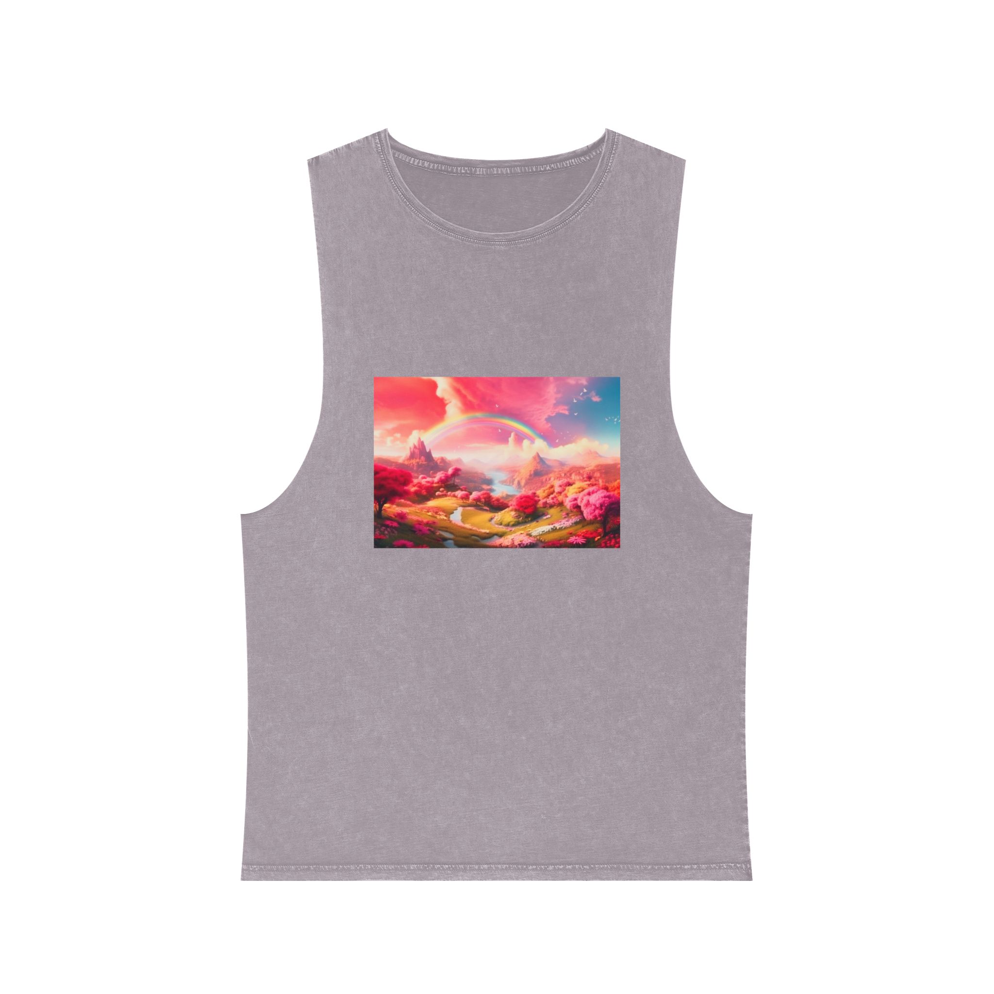 Pink Spring Garden Fairy Land Background Clouds With Rainbow Animation Unisex Stonewash Tank Top - Image 17