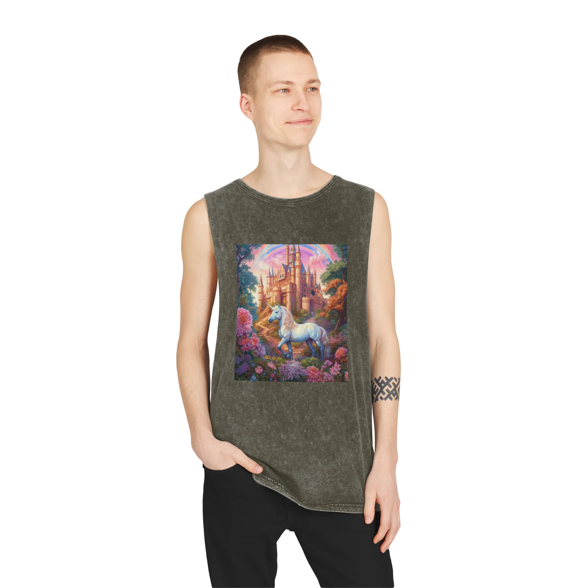 Painting Unicorn Front Castle With Rainbow Generative Ai Unisex Stonewash Tank Top - Image 7