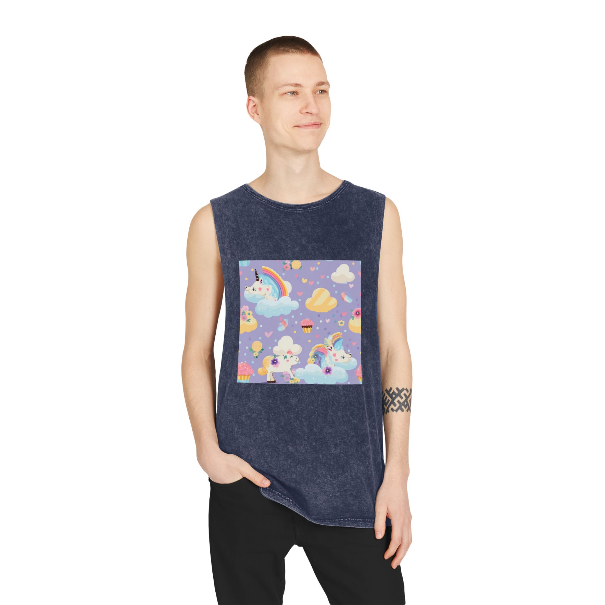 Playful Unicorns Among Flowers Clouds Rainbows Ice Creams Pastel Background (4) Unisex Stonewash Tank Top - Image 15