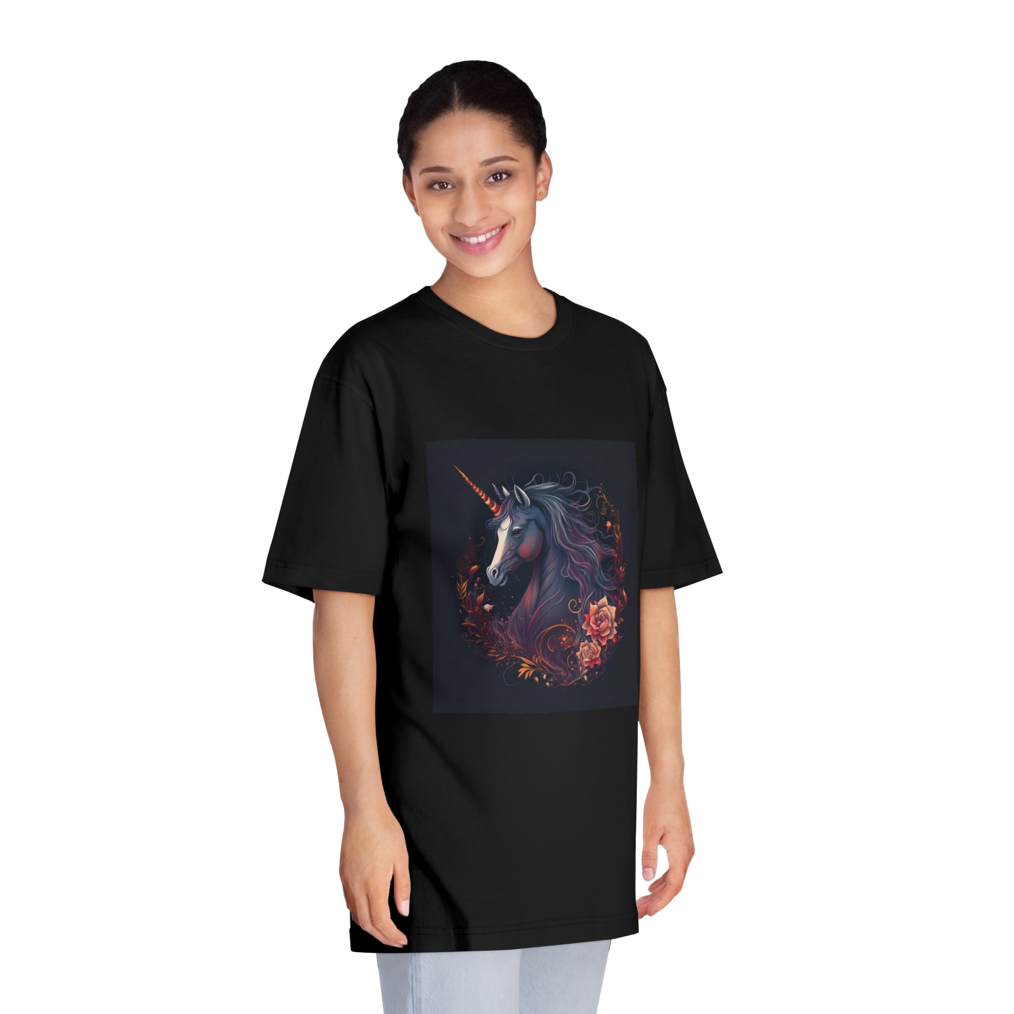 Unicorn With Long Mane Flowers Dark Background Generative Ai Unisex Classic Crewneck T Shirt - Image 7