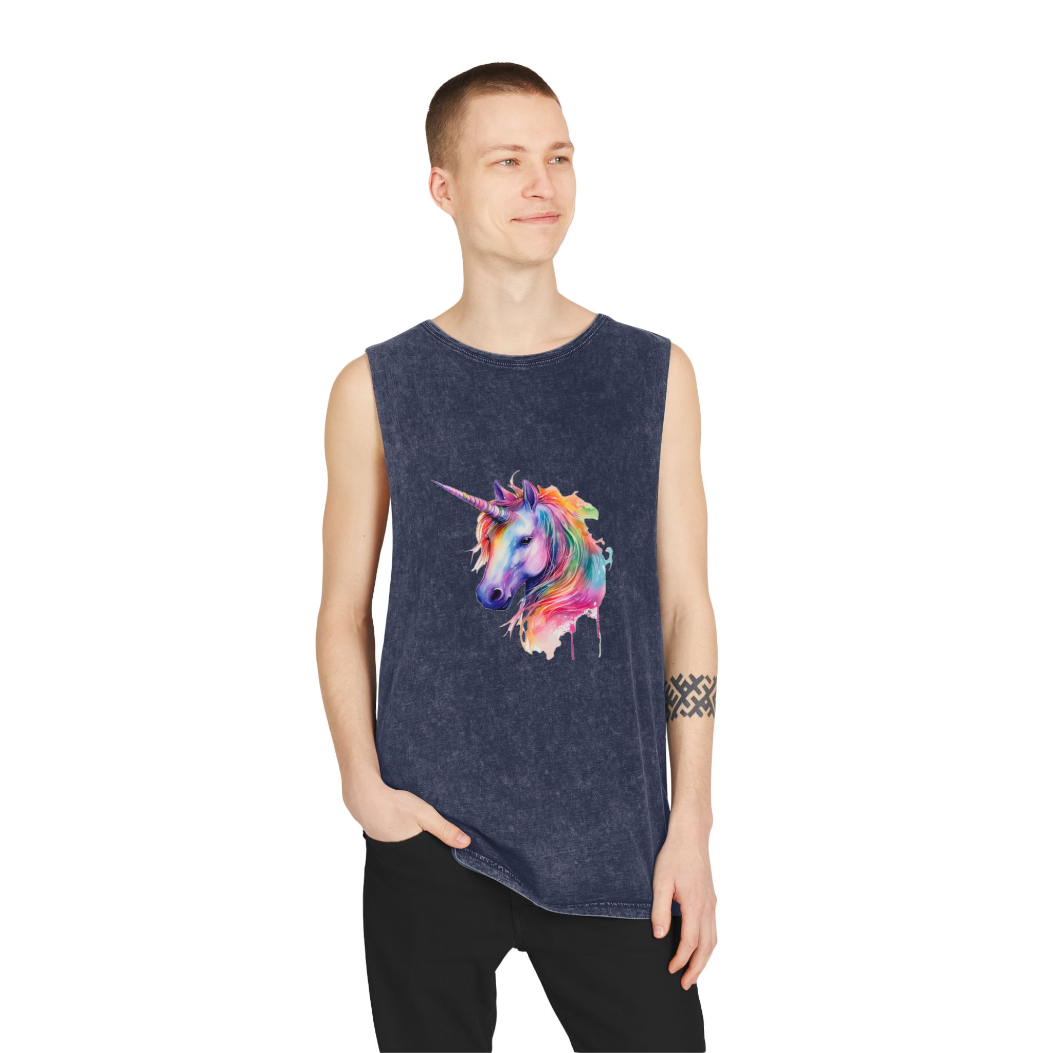 Unicorn Portrait Watercolor Illustration Rainbow Animal Watercolor Character Isolated White Copy Unisex Stonewash Tank Top - Image 15