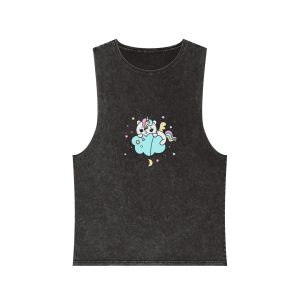 Cute Unicorn Cat Cloud Good Night Illustration Unisex Stonewash Tank Top
