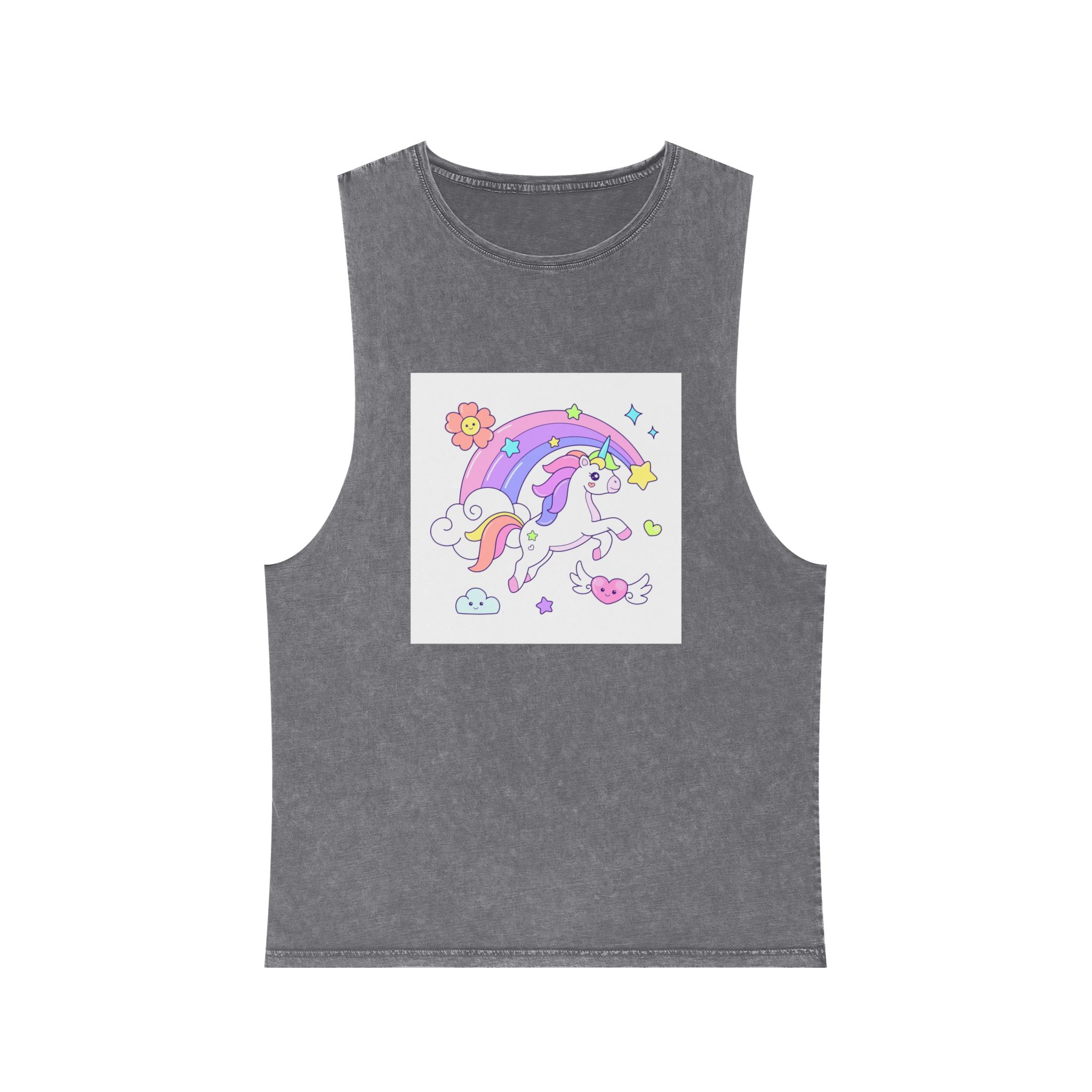 Cute Unicorn Flying Over the Rainbow Illustration Unisex Stonewash Tank Top - Image 9