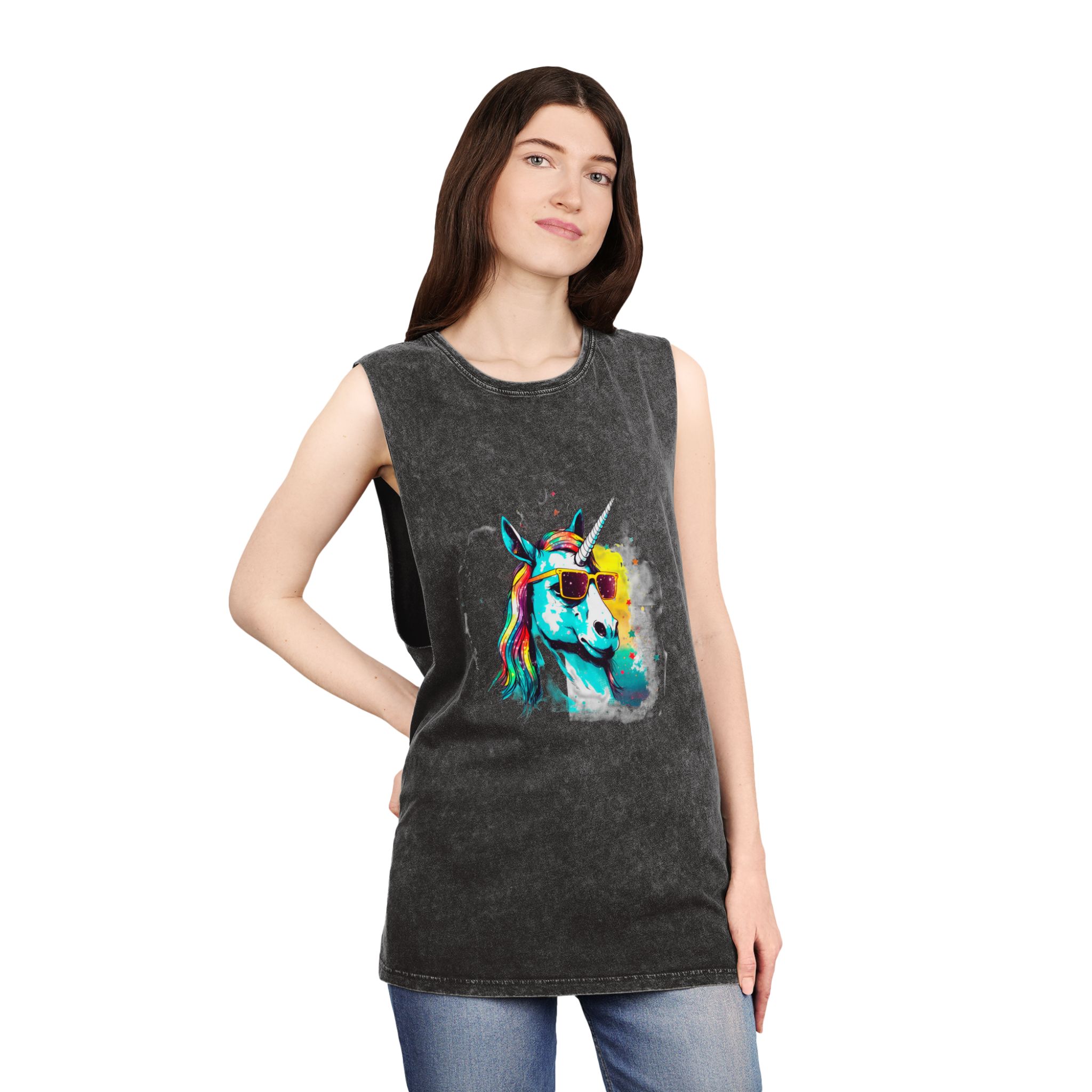 Cute Cartoon Baby Unicorn Isolated Transparent Background Ideal Tshirt Prints Stickers Mugs Unisex Stonewash Tank Top - Image 4