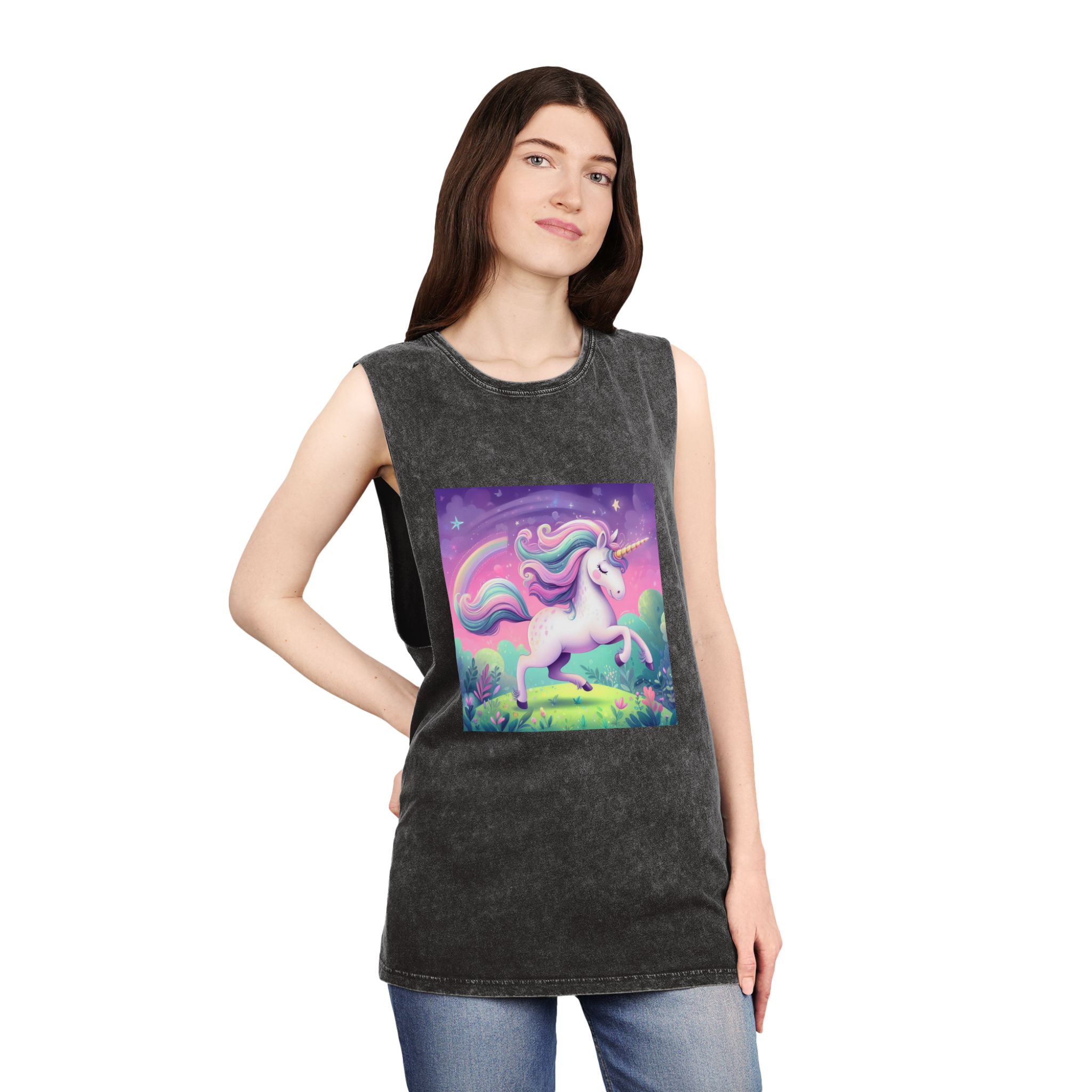 Beautiful Unicorn Running Magical Meadow Unicorn Background Images Whimsical Unicorn (12) Unisex Stonewash Tank Top - Image 4