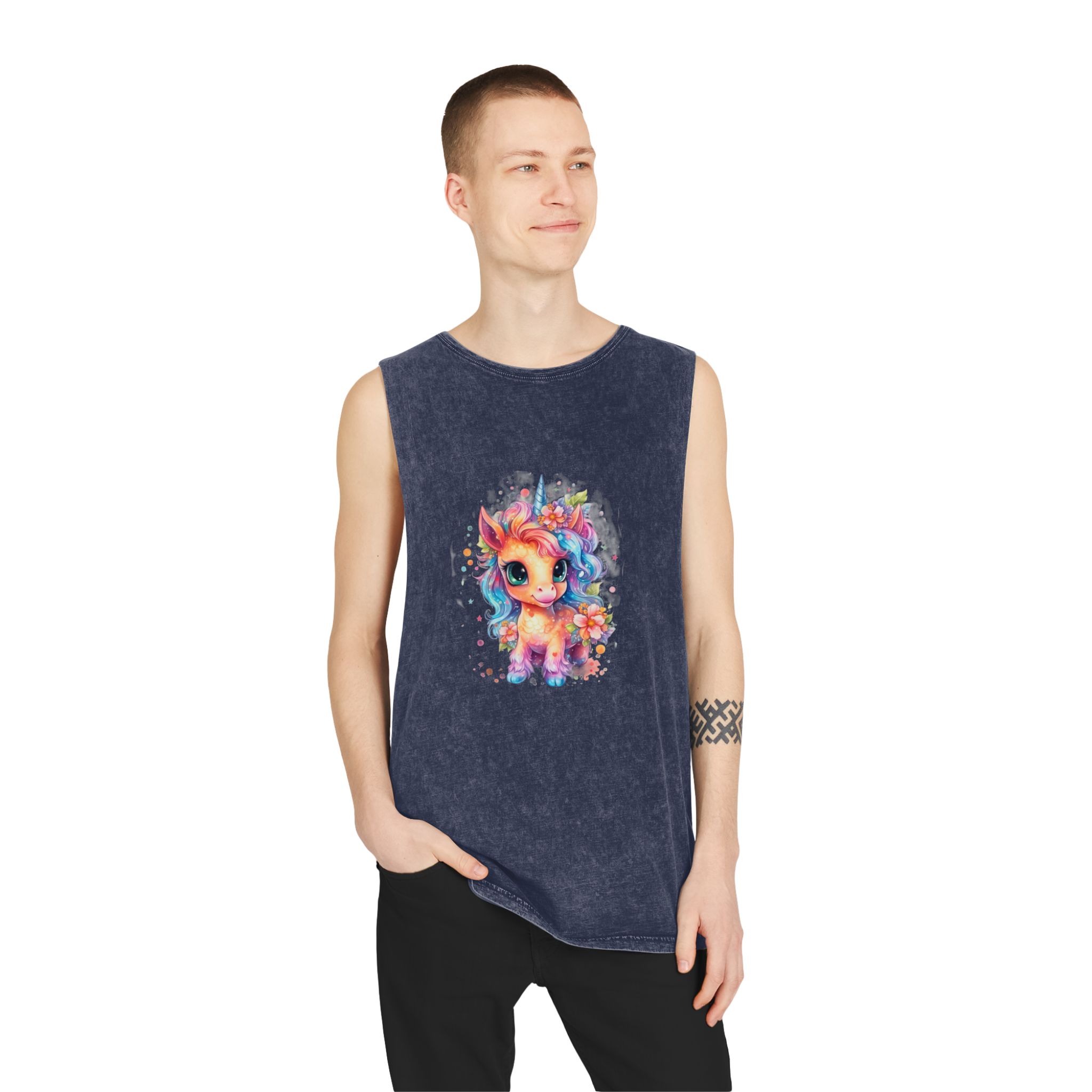 Cute Colorful Magic Unicorn With Flowers Watercolor Style (1) Copia Unisex Stonewash Tank Top - Image 15