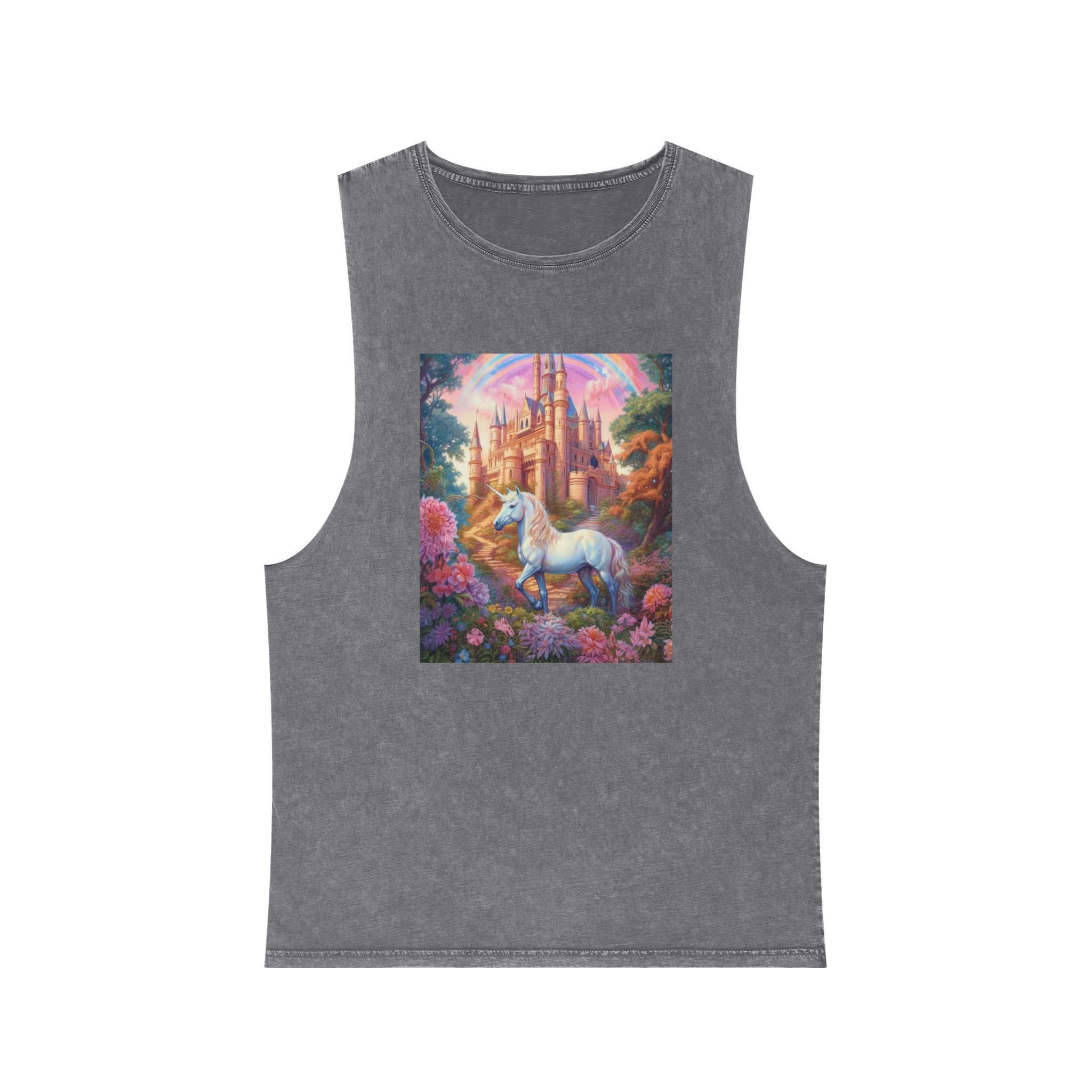 Painting Unicorn Front Castle With Rainbow Generative Ai Unisex Stonewash Tank Top - Image 9