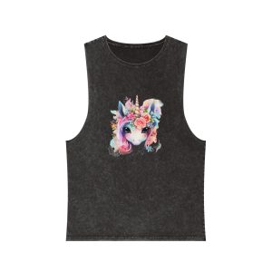 Cute Colorful Magic Unicorn With Flowers Watercolor Style (4) Copia Unisex Stonewash Tank Top