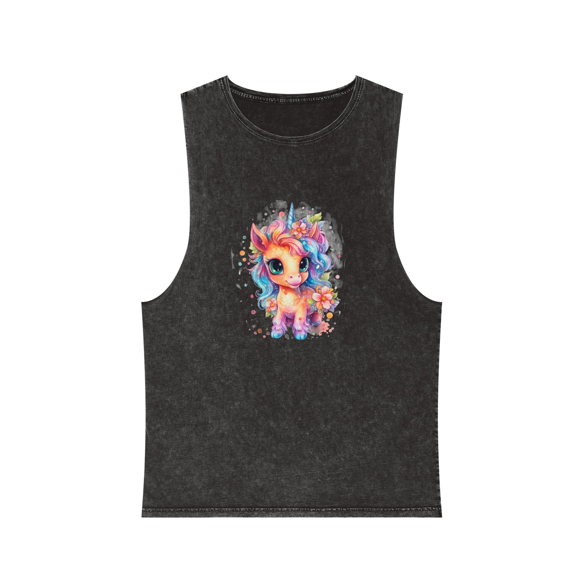Cute Colorful Magic Unicorn With Flowers Watercolor Style (1) Copia Unisex Stonewash Tank Top